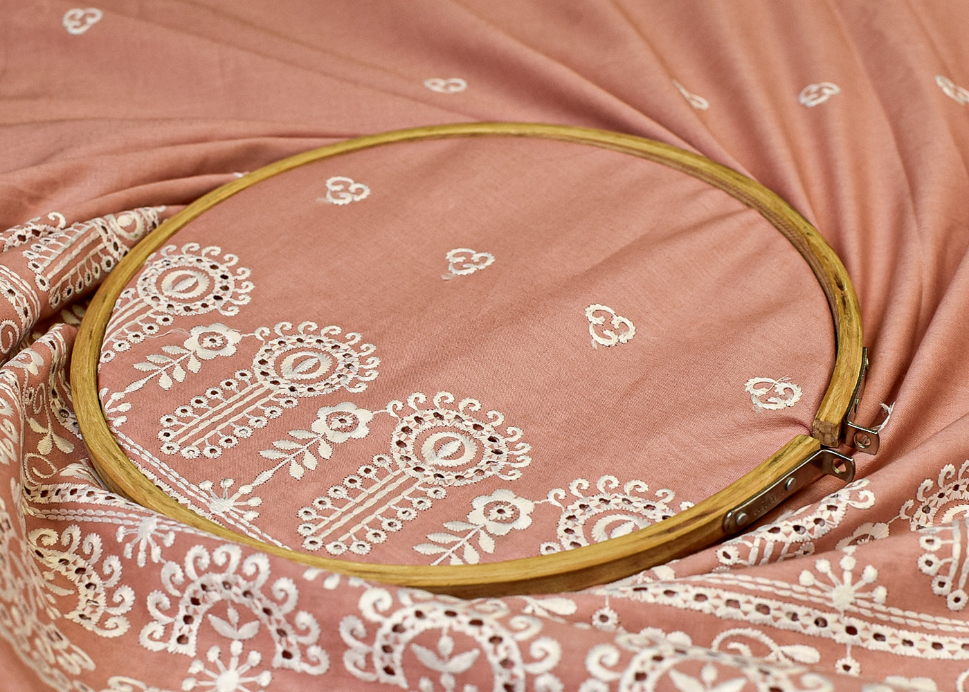 Baby Pink Cotton Fabric with All Over Thread Work, One Side Heavy Cutwork and Scalloped Border 15260