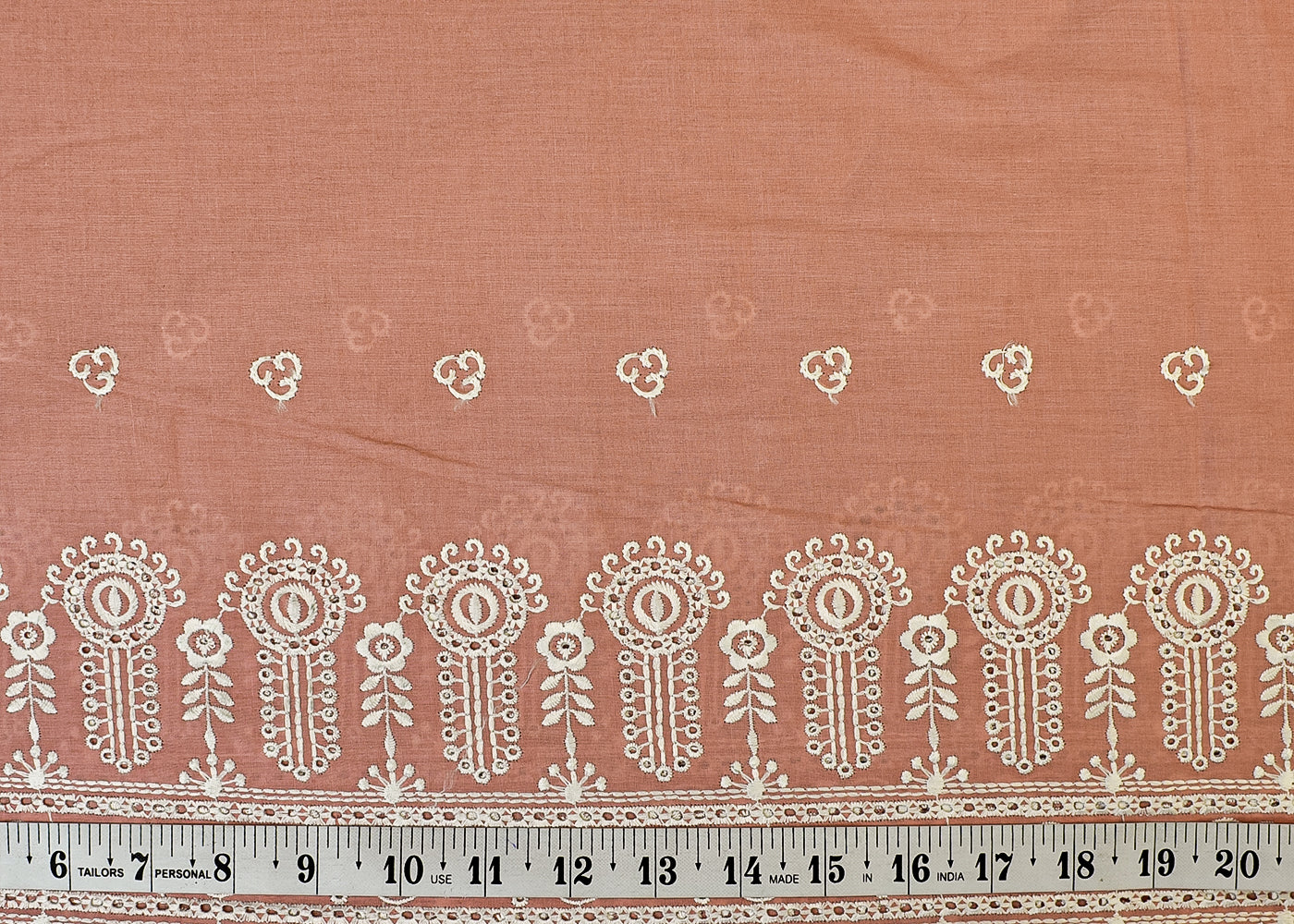 Baby Pink Cotton Fabric with All Over Thread Work, One Side Heavy Cutwork and Scalloped Border 15260
