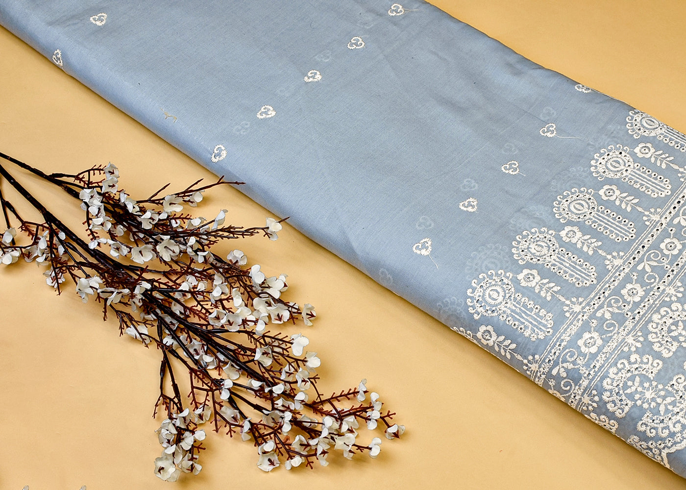 Powder Blue Cotton Fabric with All Over Thread Work, One Side Heavy Cutwork and Scalloped Border 15261