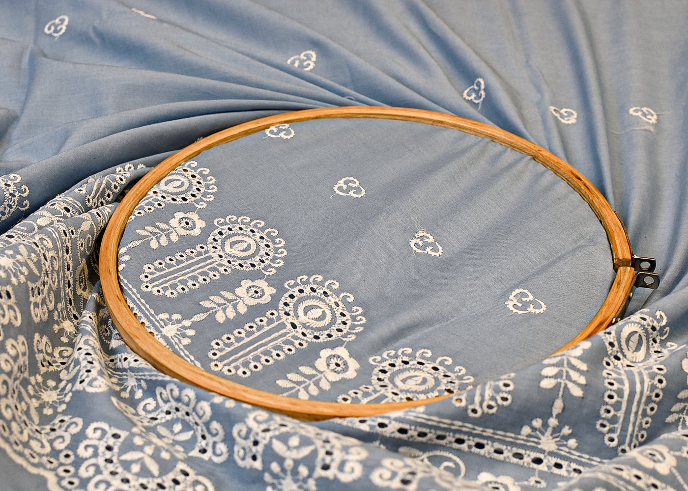 Powder Blue Cotton Fabric with All Over Thread Work, One Side Heavy Cutwork and Scalloped Border 15261