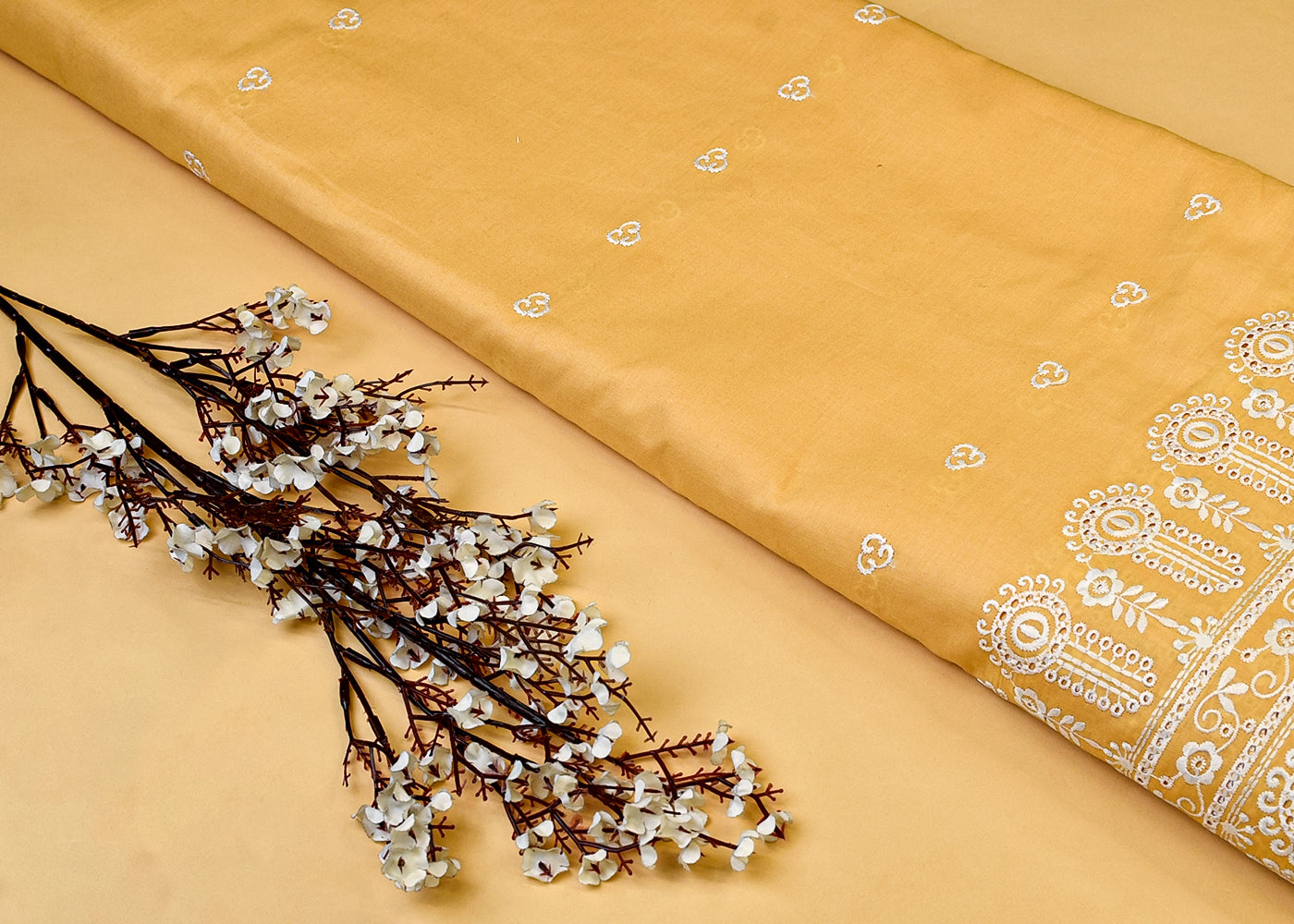 Yellow Cotton Fabric with All Over Thread Work, One Side Heavy Cutwork and Scalloped Border 15262