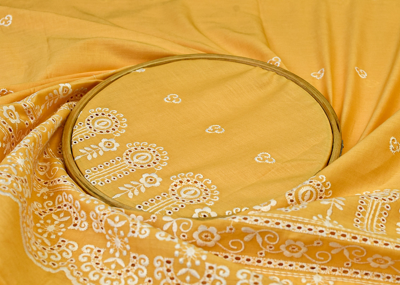 Yellow Cotton Fabric with All Over Thread Work, One Side Heavy Cutwork and Scalloped Border 15262