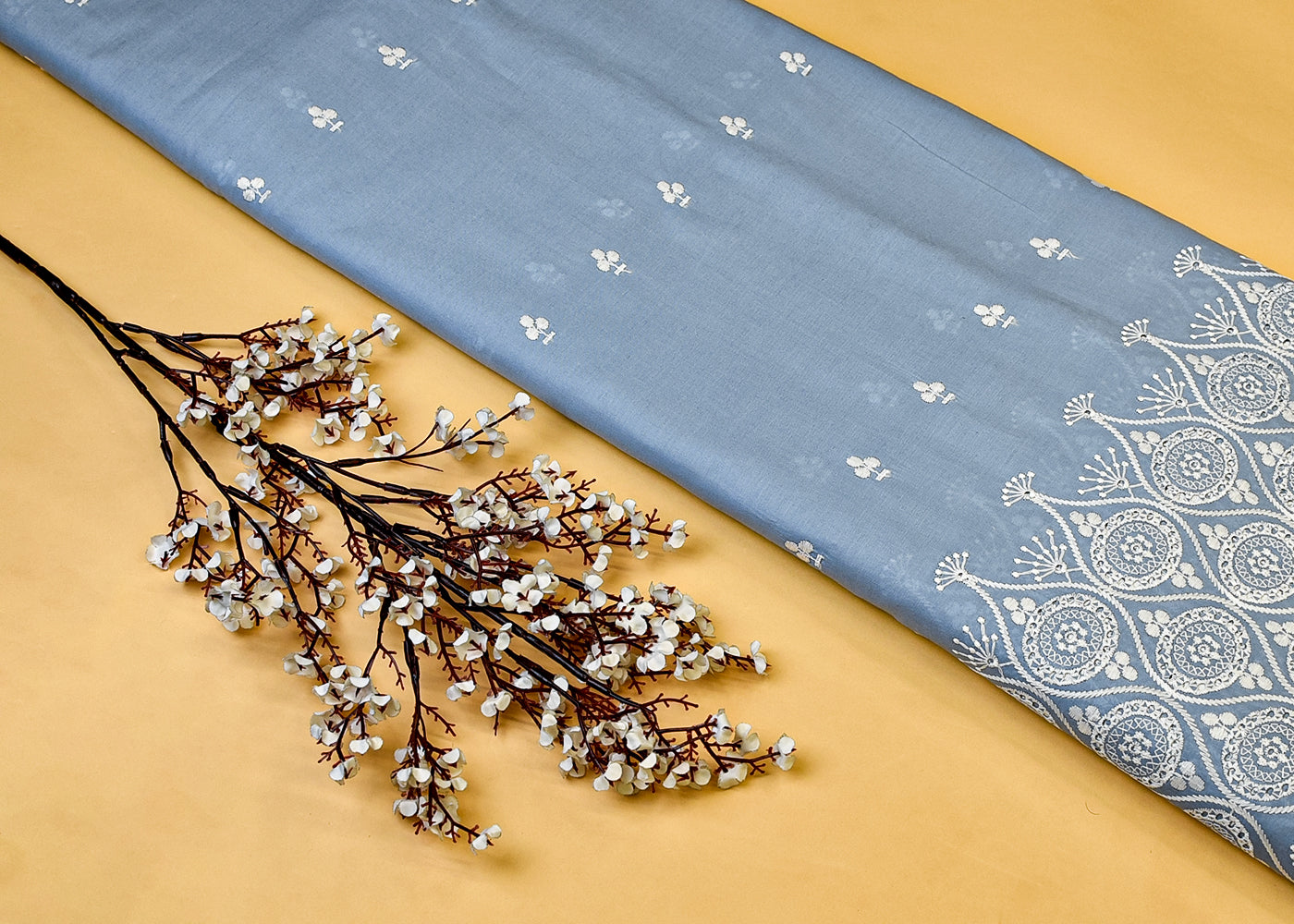 Powder Blue Cotton Fabric with All Over Thread Work, One Side Heavy Cutwork and Scalloped Border 15263