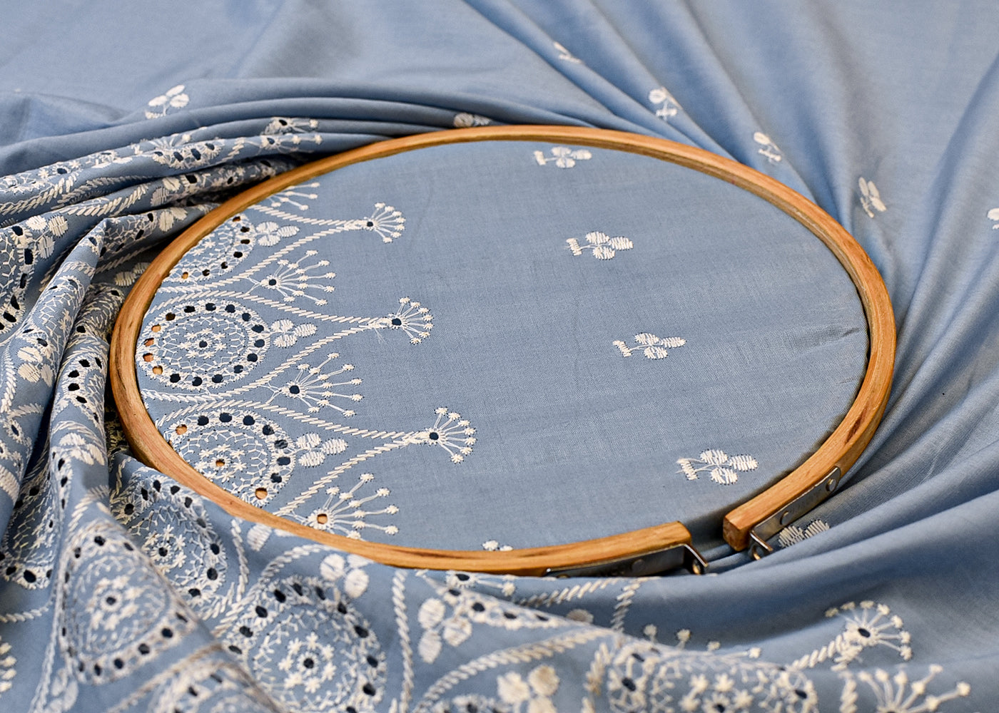Powder Blue Cotton Fabric with All Over Thread Work, One Side Heavy Cutwork and Scalloped Border 15263