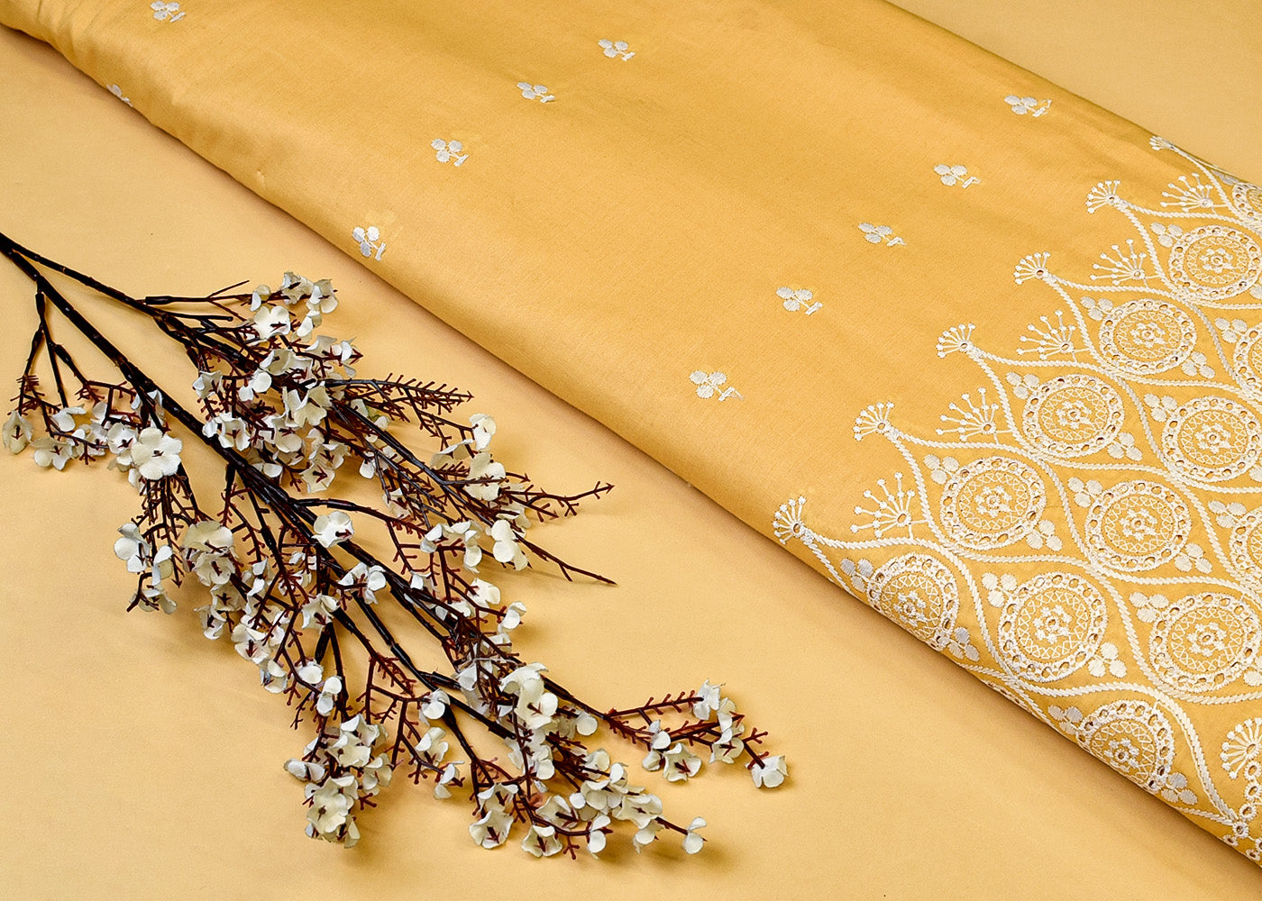 Yellow Cotton Fabric with All Over Thread Work, One Side Heavy Cutwork and Scalloped Border 15264