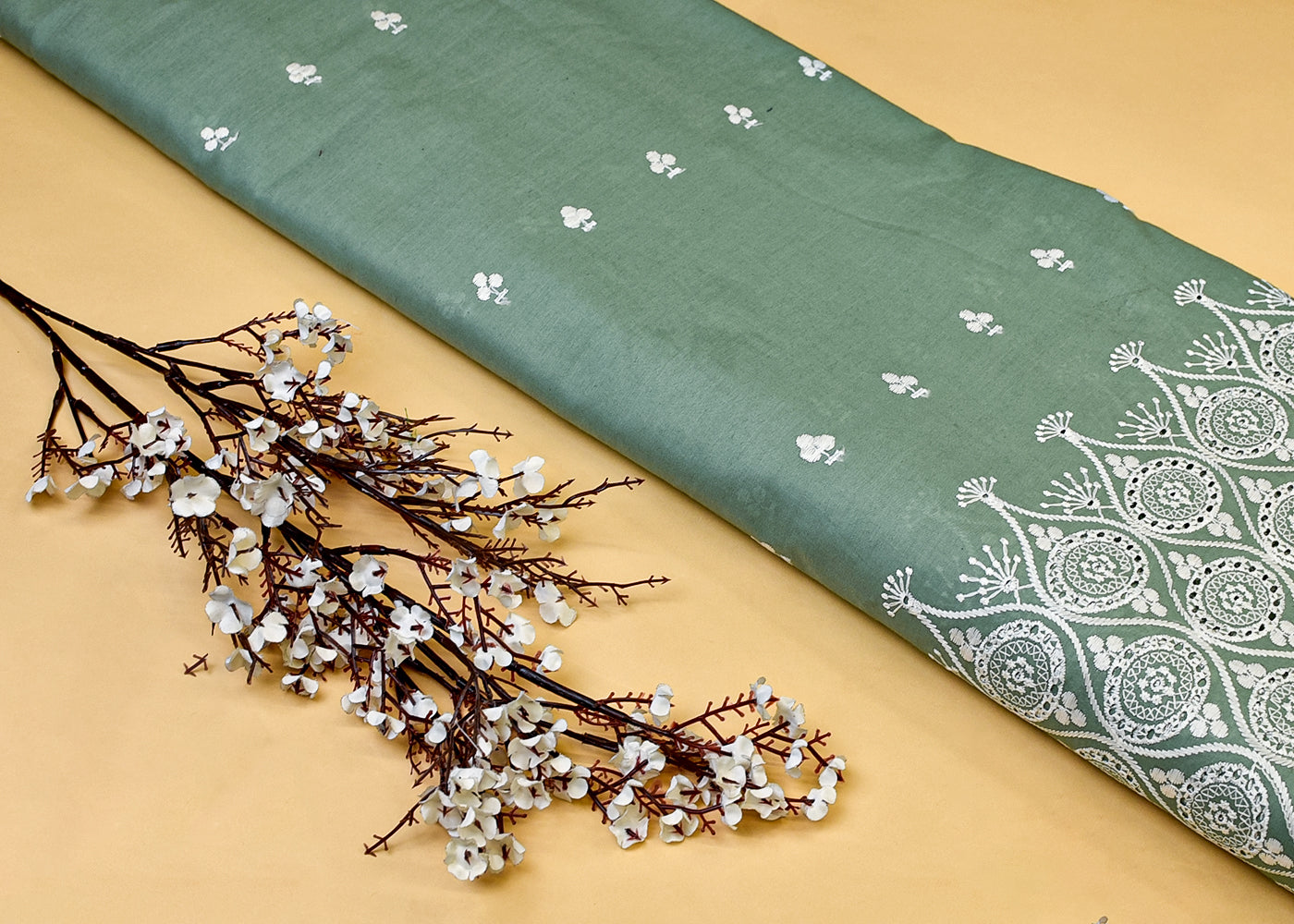 Green Cotton Fabric with All Over Thread Work, One Side Heavy Cutwork and Scalloped Border 15265