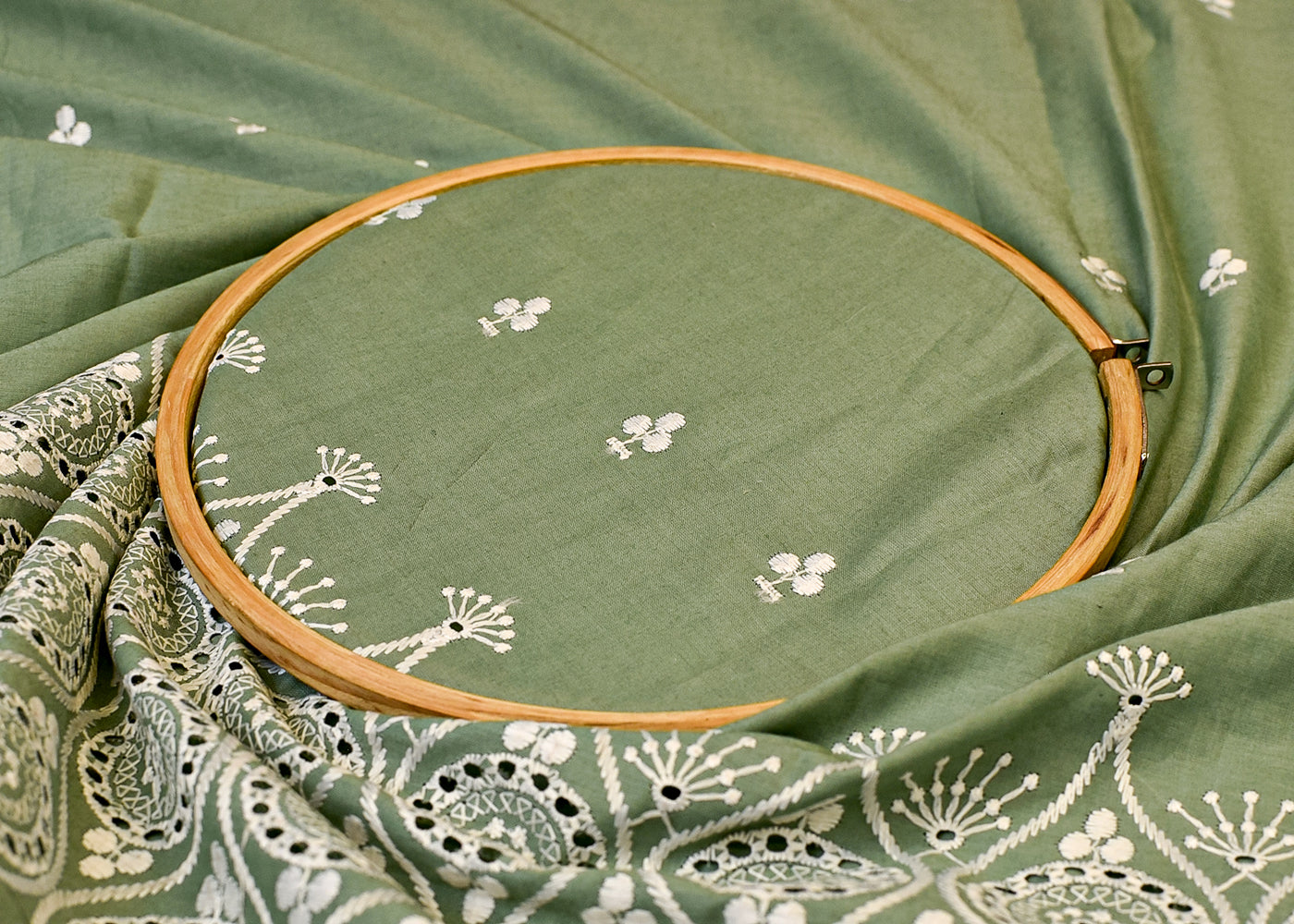 Green Cotton Fabric with All Over Thread Work, One Side Heavy Cutwork and Scalloped Border 15265