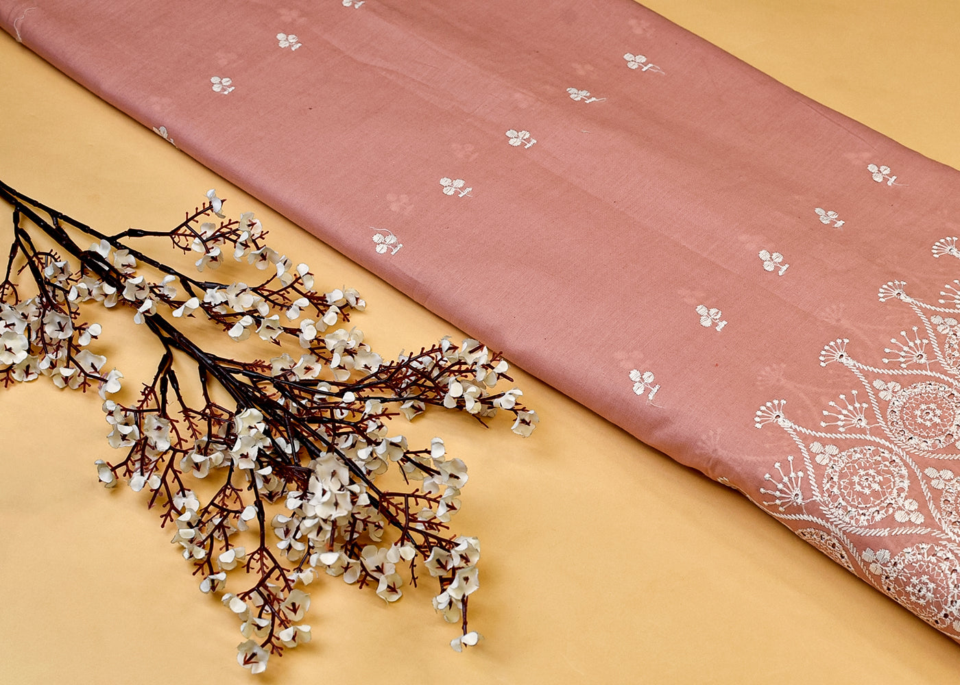 Baby Pink Cotton Fabric with All Over Thread Work, One Side Heavy Cutwork and Scalloped Border 15266
