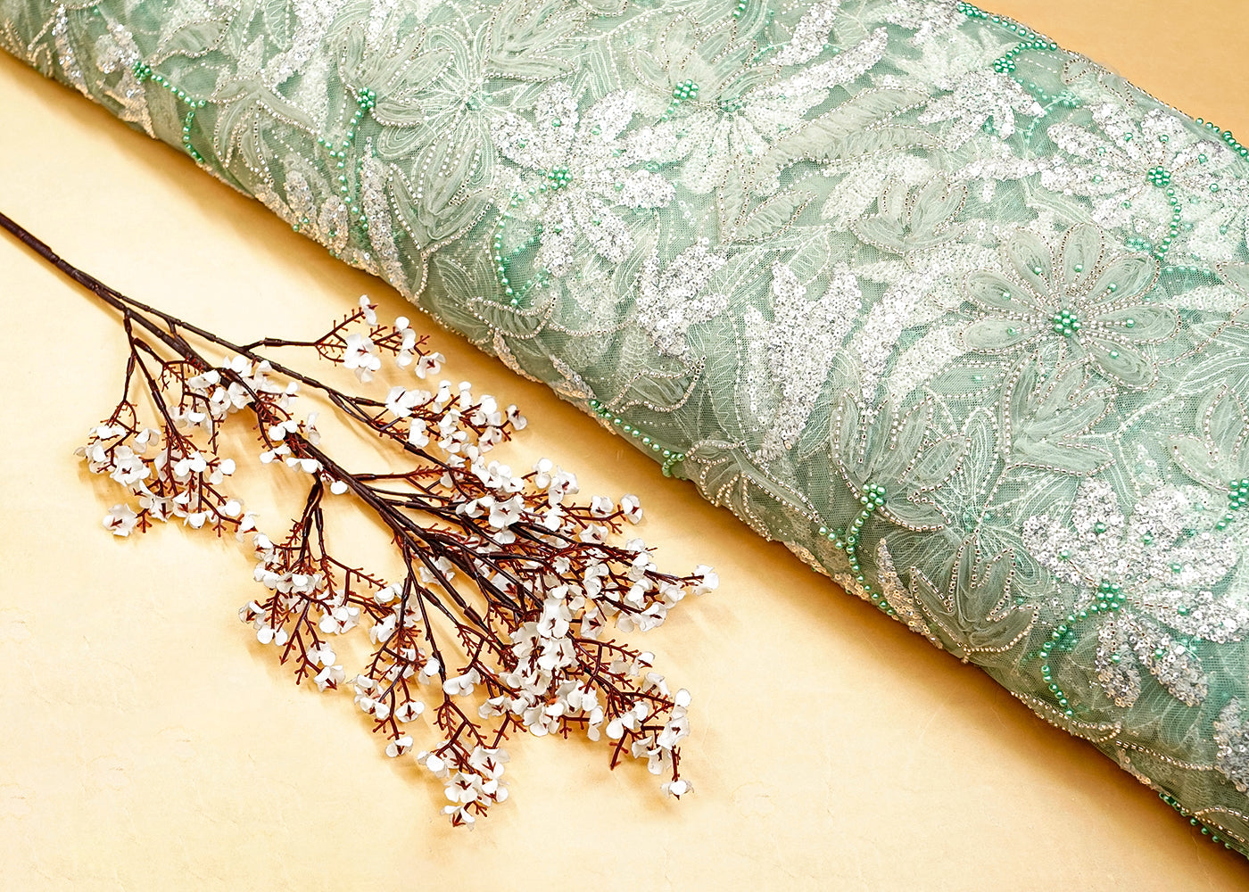 Mint Green Net Fabric with All Over Appliqué Work with Katdana, Sequins, and Bead 15272