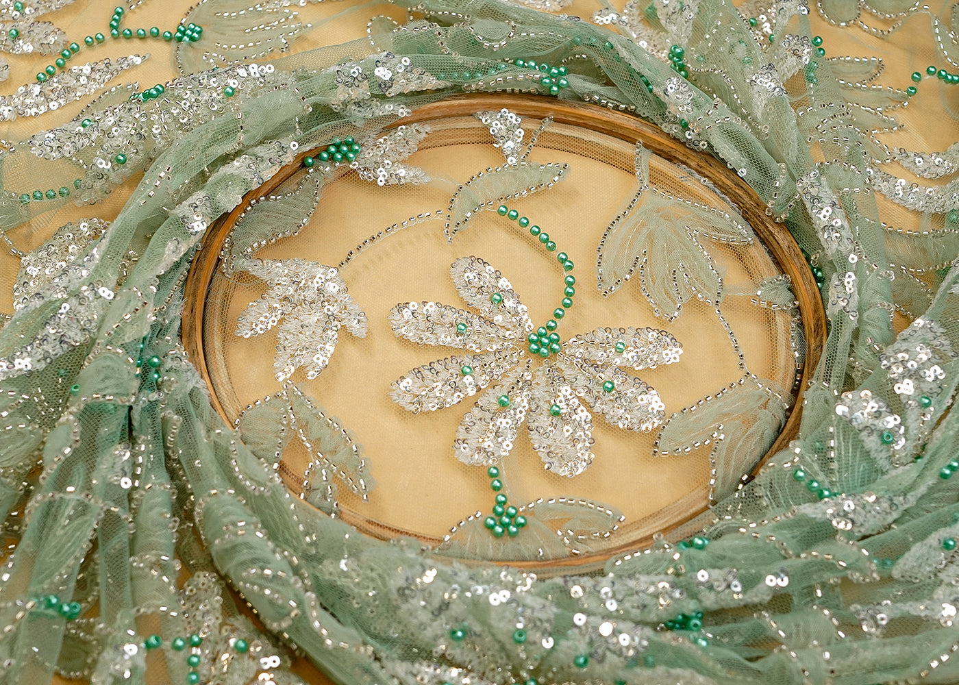 Mint Green Net Fabric with All Over Appliqué Work with Katdana, Sequins, and Bead 15272