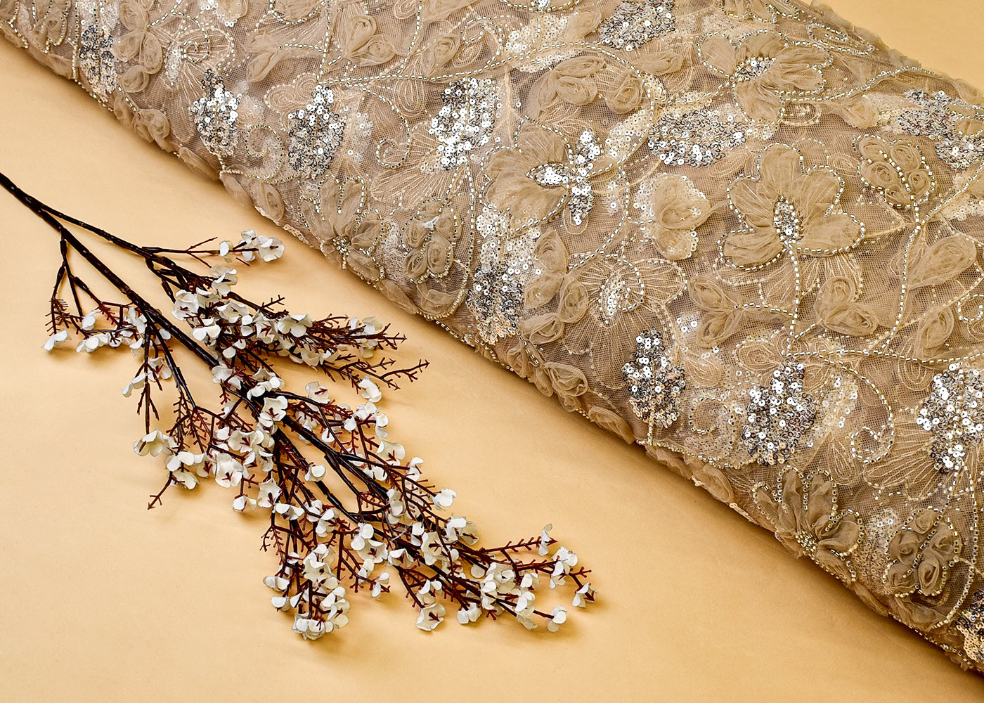 Tan Net Fabric with All Over Appliqué Work with Katdana and Sequins 15273