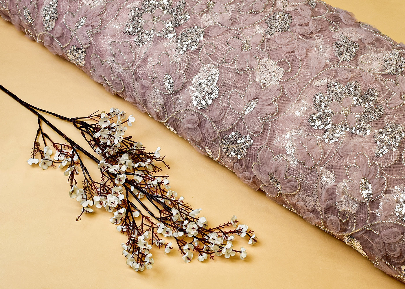 Onion Pink Net Fabric with All Over Appliqué Work with Katdana and Sequins 15274
