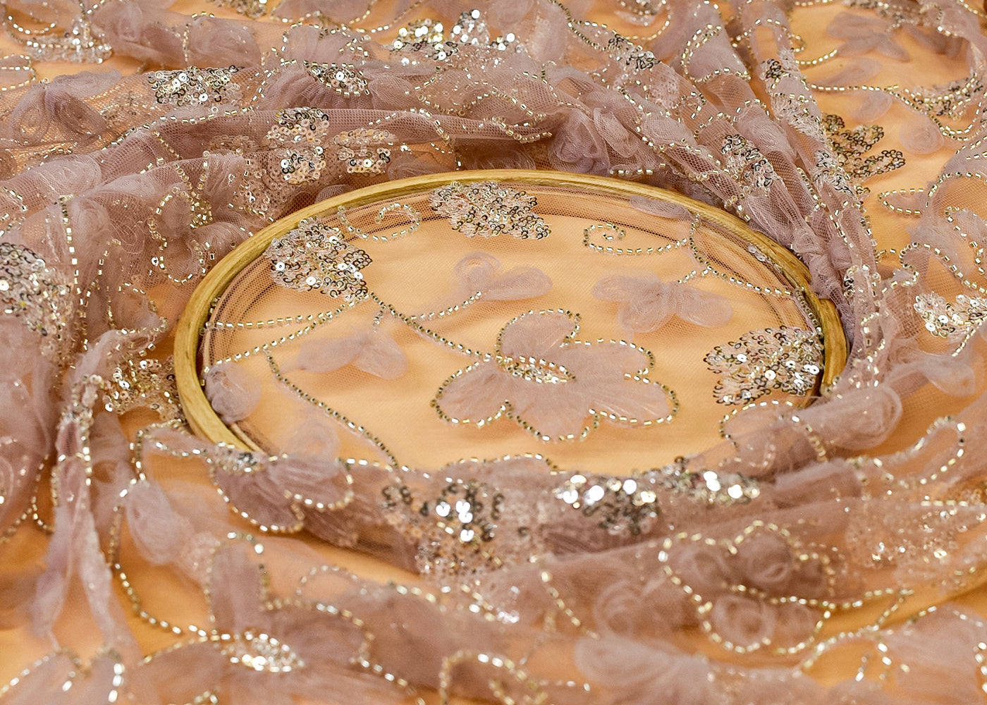 Onion Pink Net Fabric with All Over Appliqué Work with Katdana and Sequins 15274