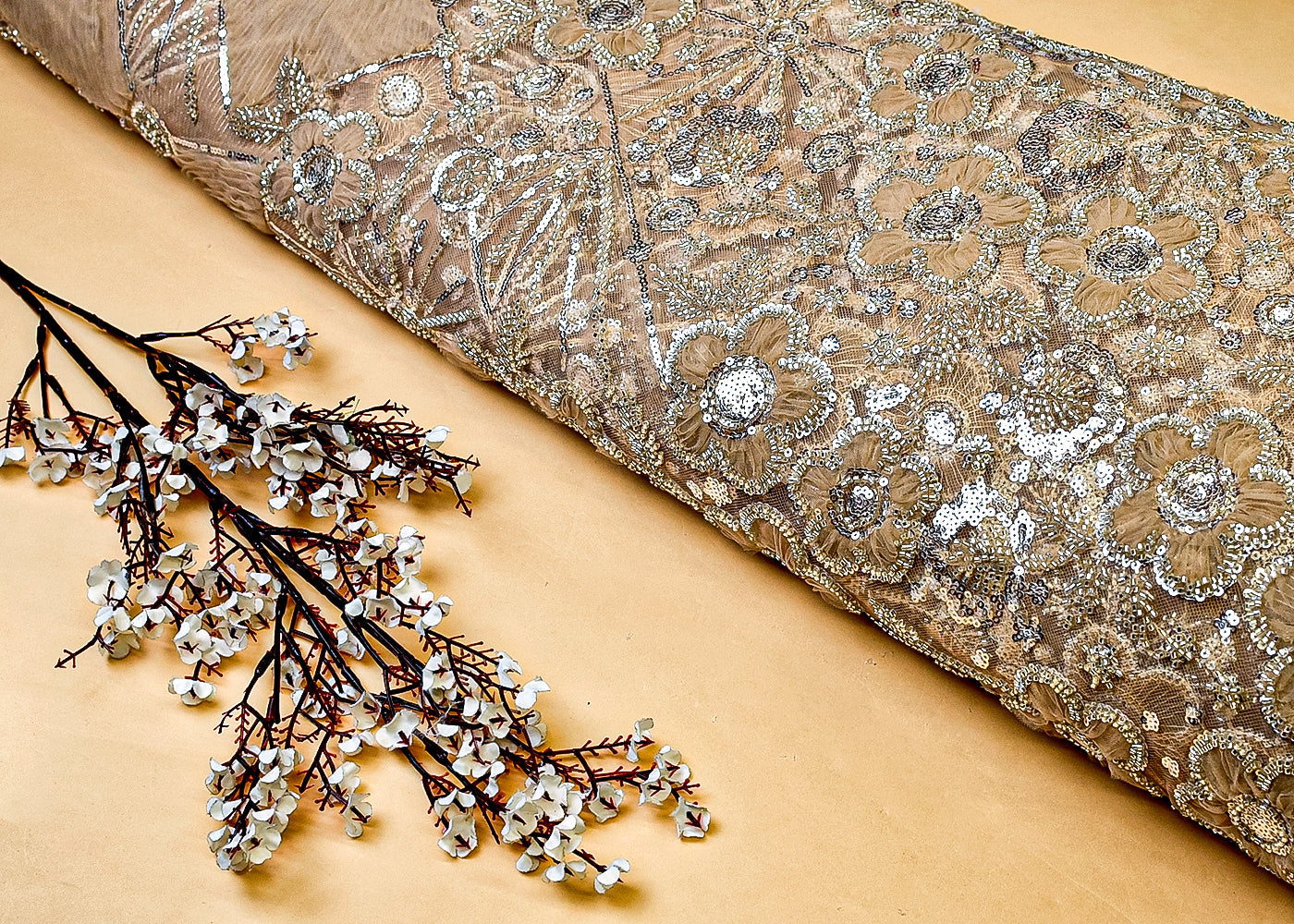 Sand Net Fabric with All Over Appliqué Work with Katdana and Sequins 15276