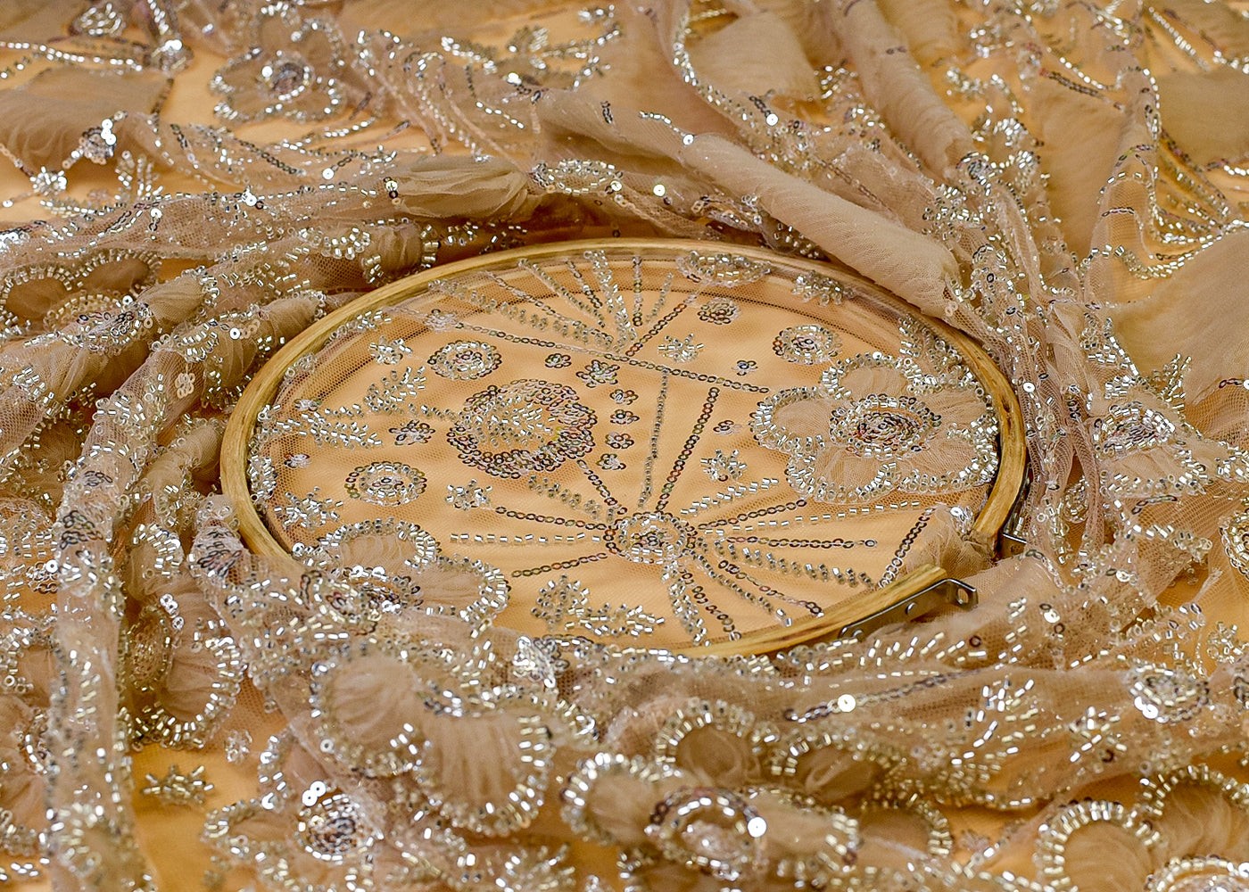 Sand Net Fabric with All Over Appliqué Work with Katdana and Sequins 15276