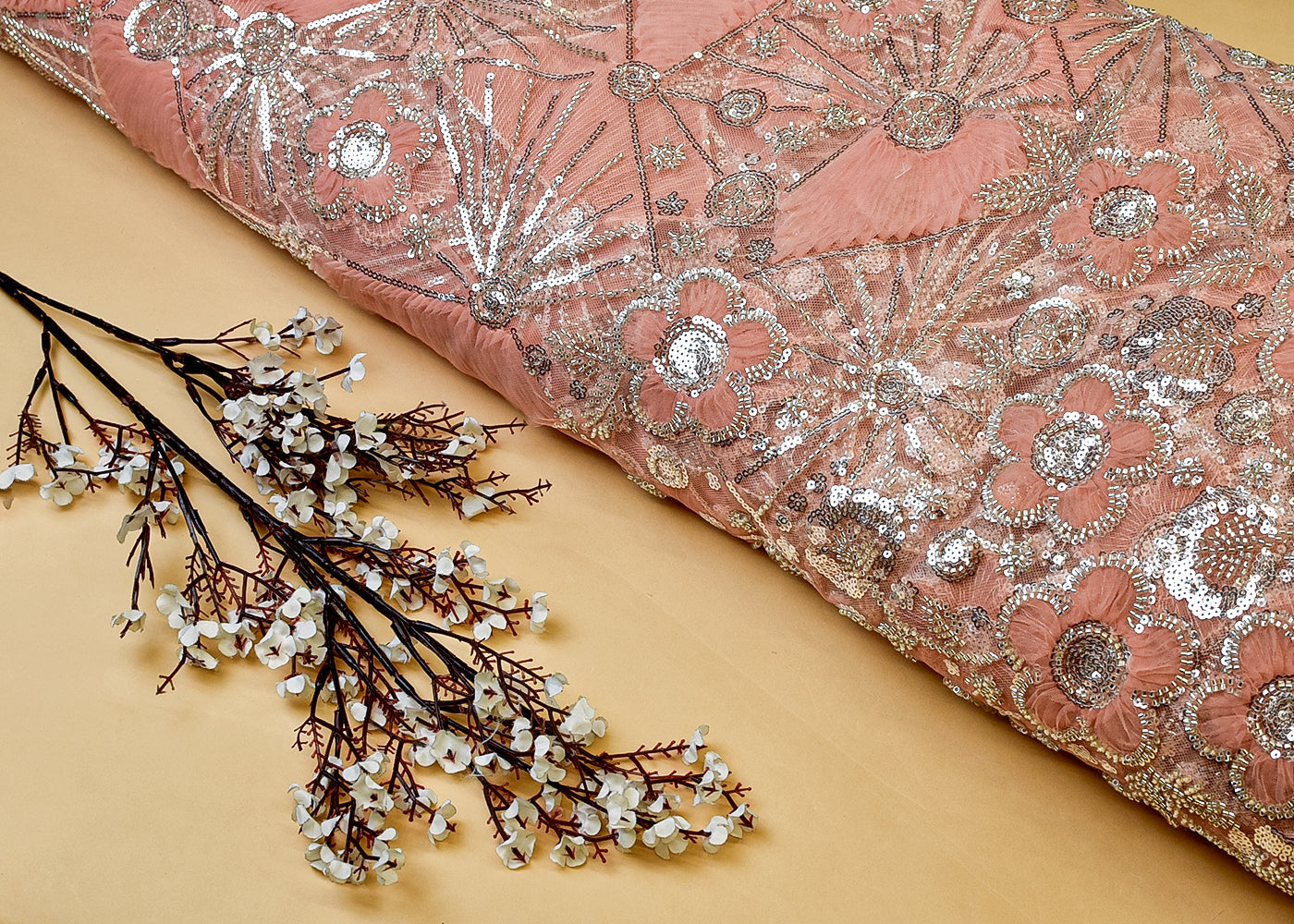 Peach   Net Fabric with All Over Appliqué Work with Katdana and Sequins 15277