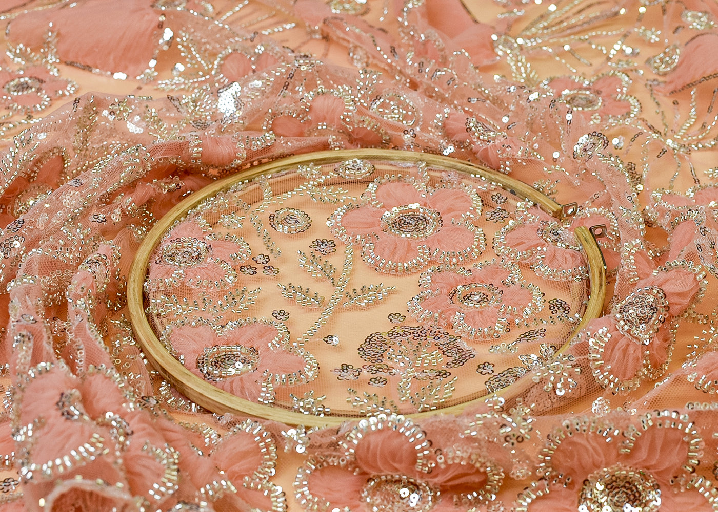 Peach   Net Fabric with All Over Appliqué Work with Katdana and Sequins 15277