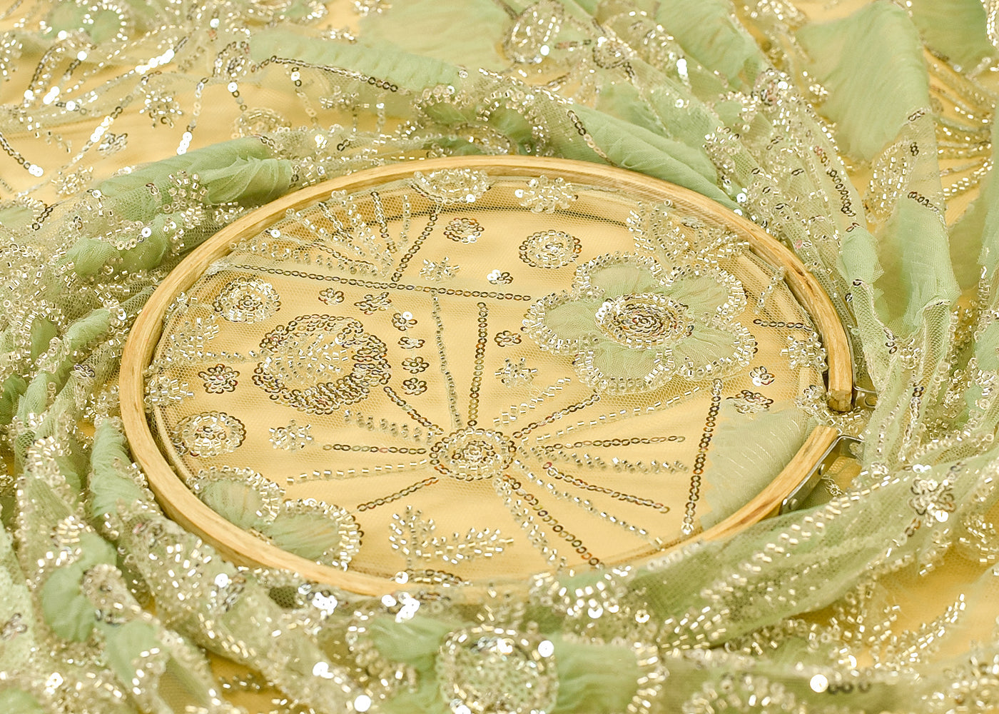 Pista Green Net Fabric with All Over Appliqué Work with Katdana and Sequins 15278