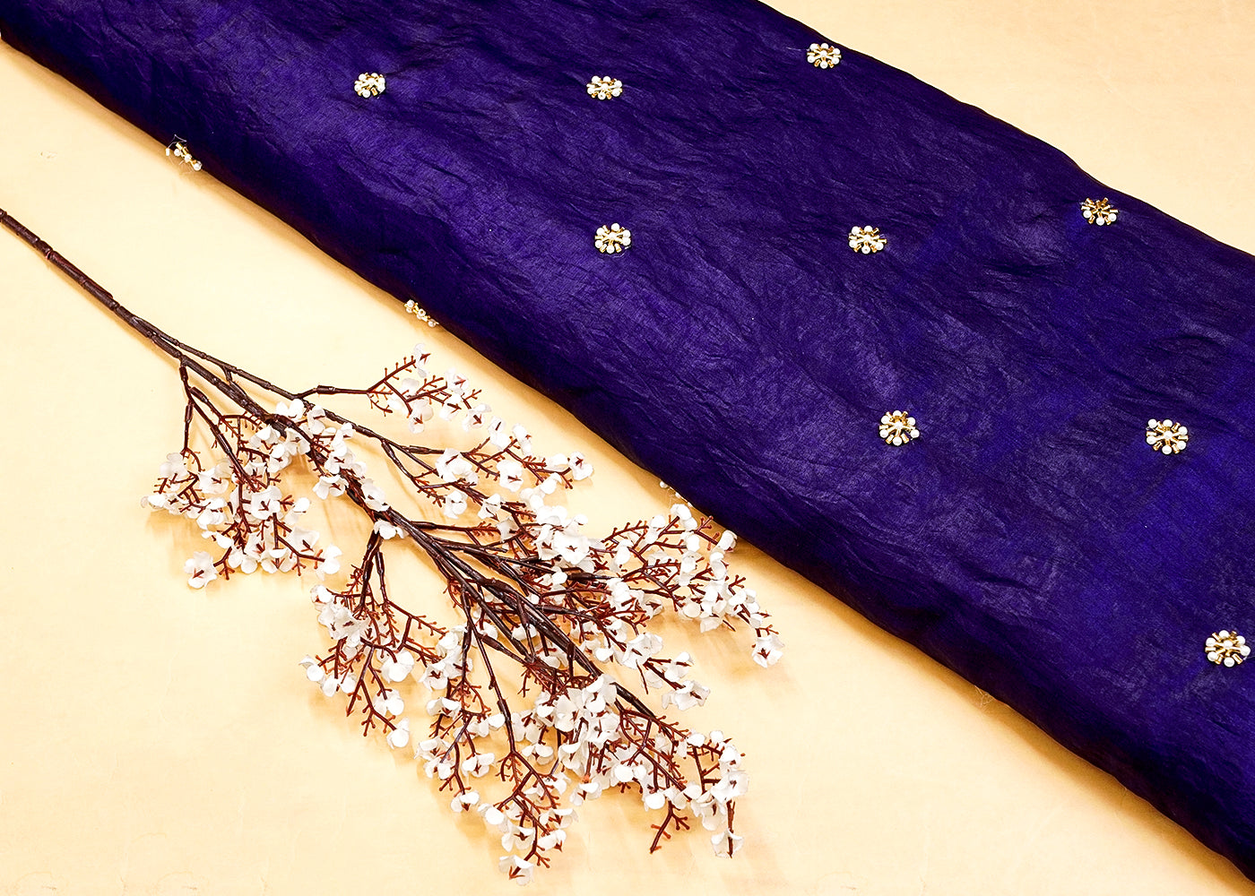 Purple Diamond Silk Tissue Fabric with All Over Pearl and Katdana Buti 15279