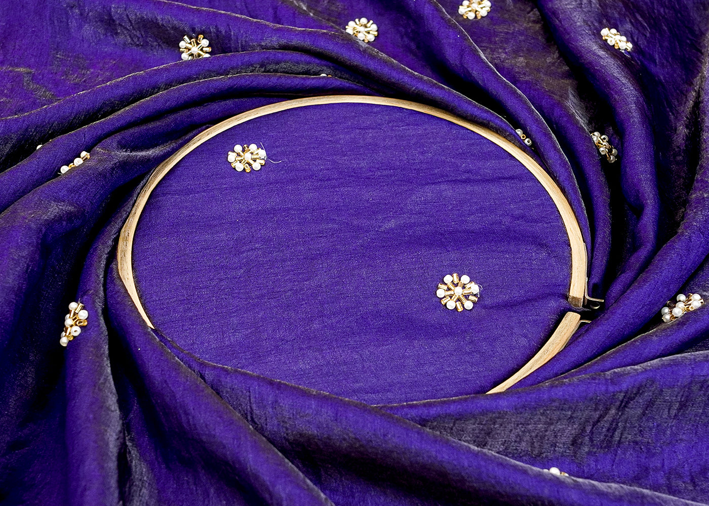Purple Diamond Silk Tissue Fabric with All Over Pearl and Katdana Buti 15279