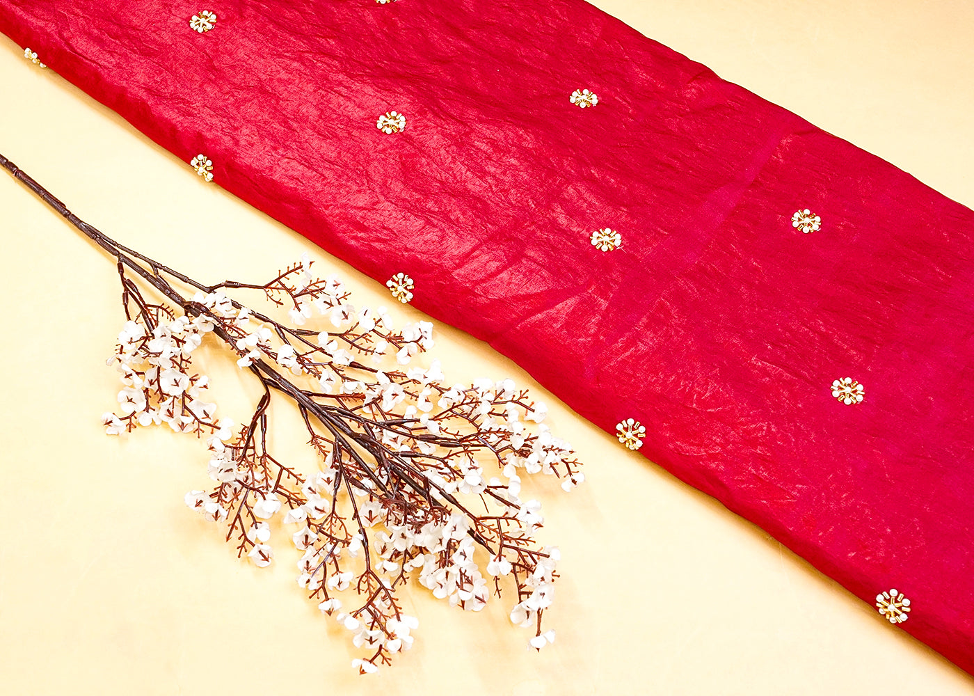 Magenta Diamond Silk Tissue Fabric with All Over Pearl and Katdana Buti 15281