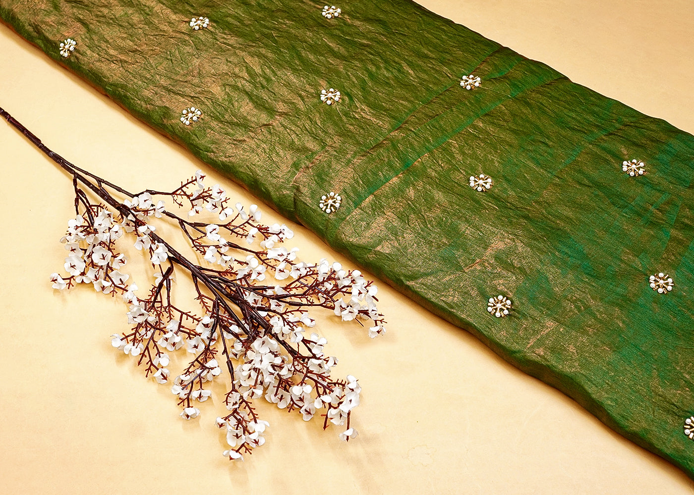 Dark Green Diamond Silk Tissue Fabric with All Over Pearl and Katdana Buti 15282