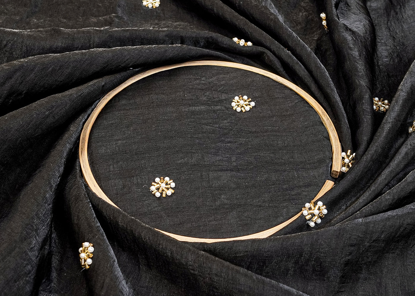 Black Diamond Silk Tissue Fabric with All Over Pearl and Katdana Buti 15283