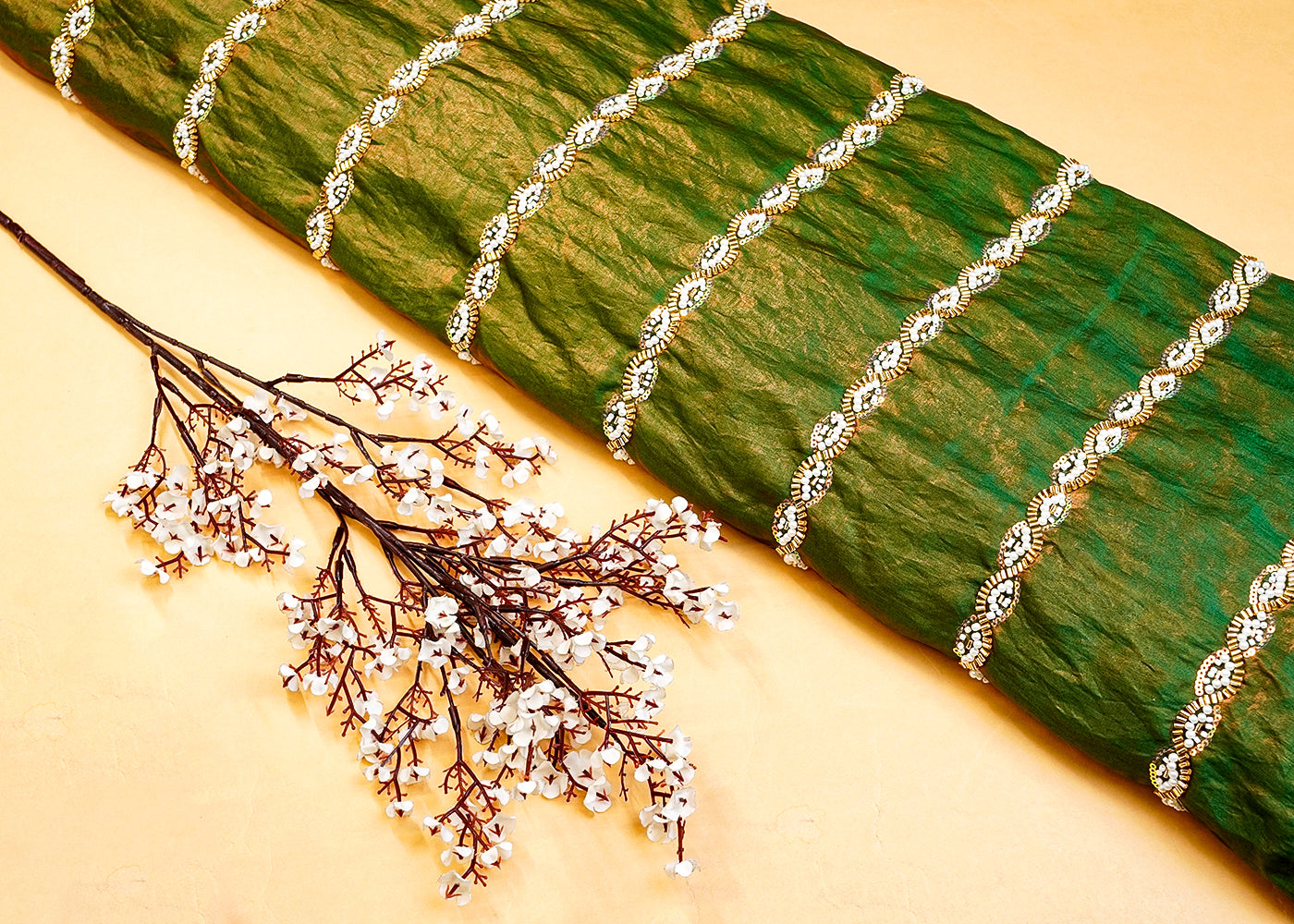 Green Diamond Silk Tissue Fabric with All Over Pearl, Katdana, and Sequins Stripes 15284