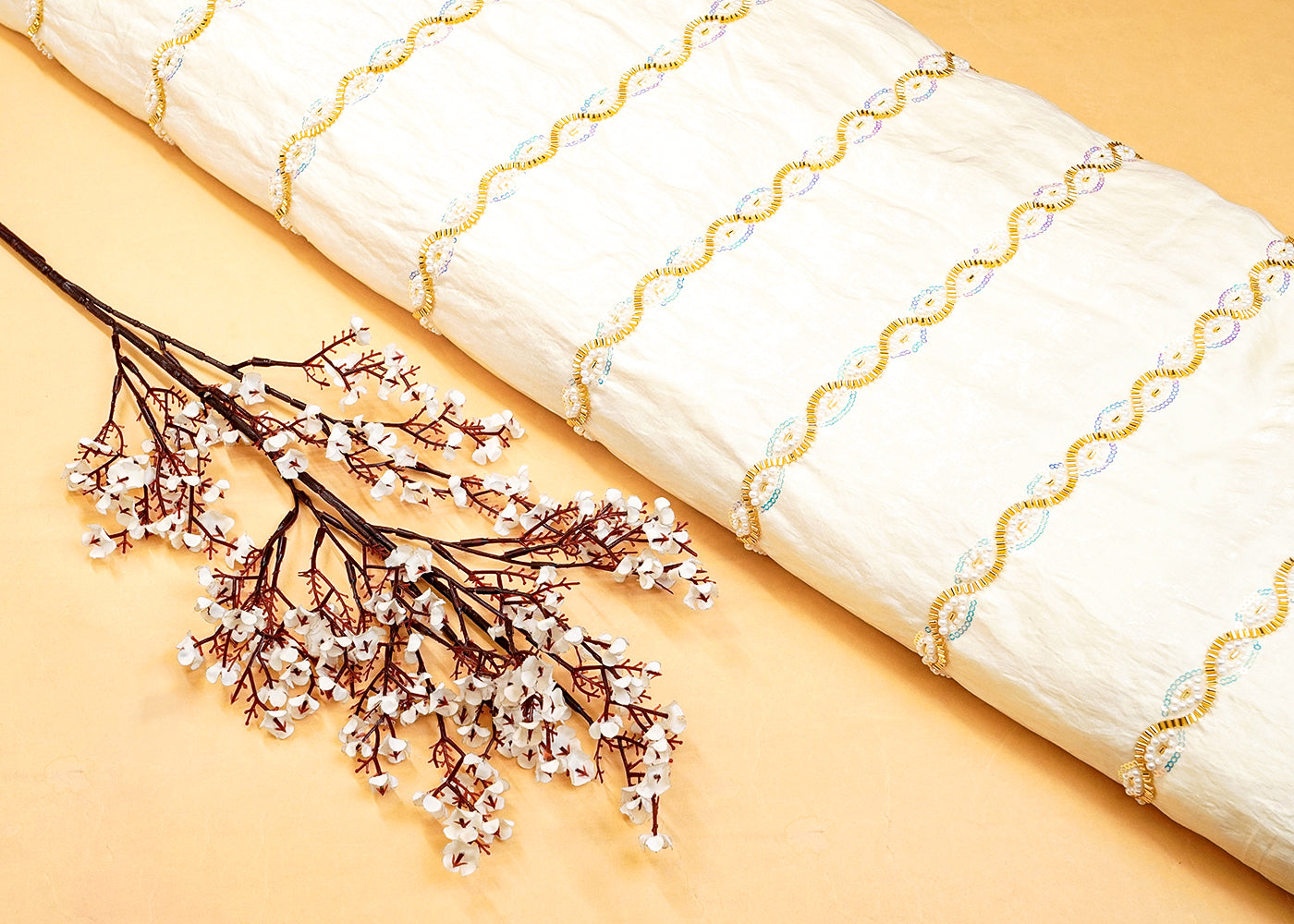 Cream Diamond Silk Tissue Fabric with All Over Pearl, Katdana, and Sequins Stripes 15285