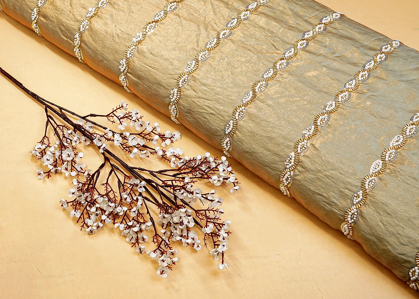 Beige Diamond Silk Tissue Fabric with All Over Pearl, Katdana, and Sequins Stripes 15286