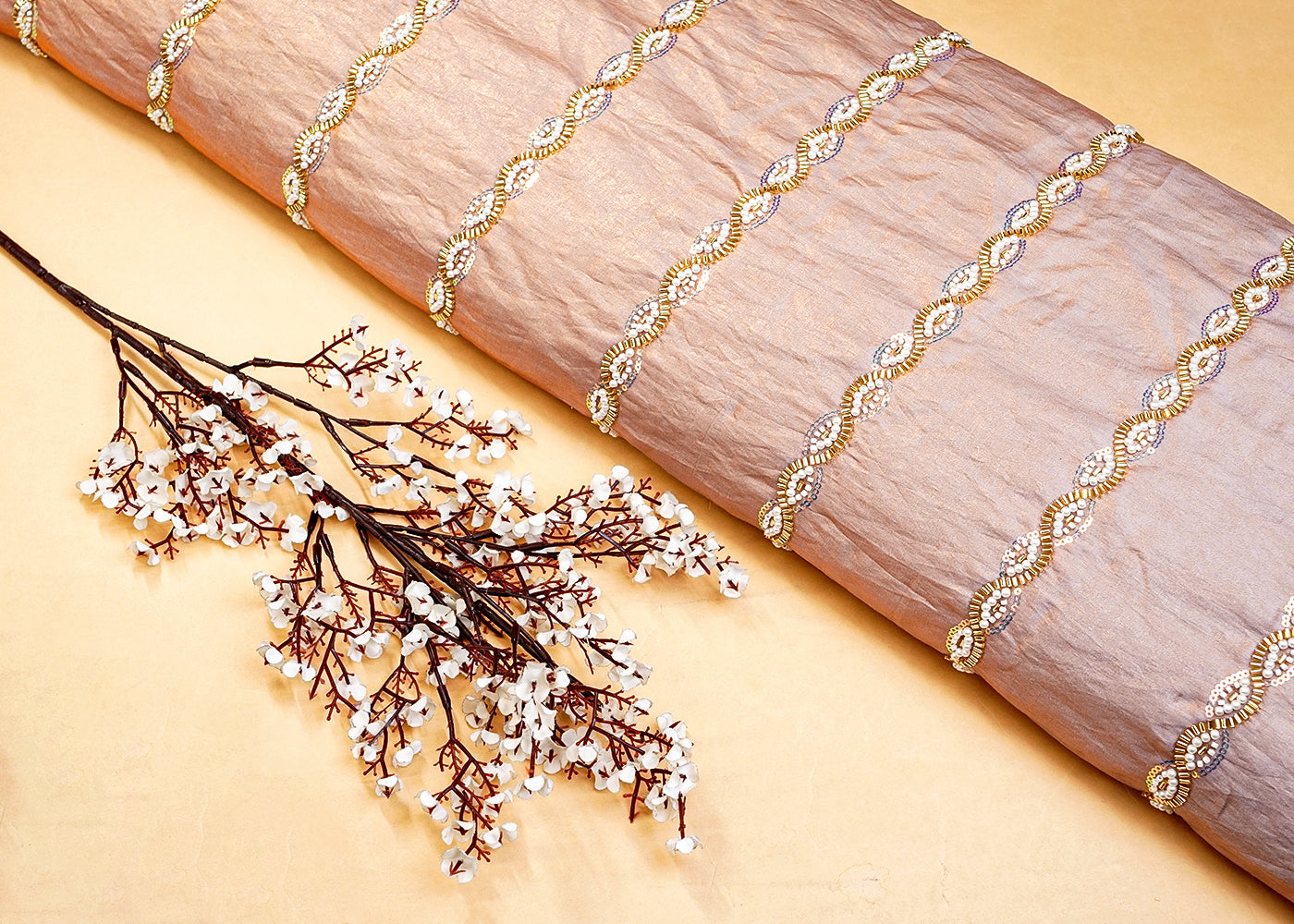 Rose Gold Diamond Silk Tissue Fabric with All Over Pearl, Katdana, and Sequins Stripes 15287