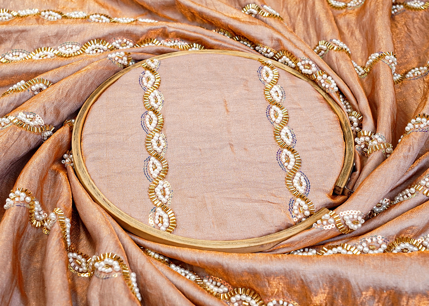 Rose Gold Diamond Silk Tissue Fabric with All Over Pearl, Katdana, and Sequins Stripes 15287