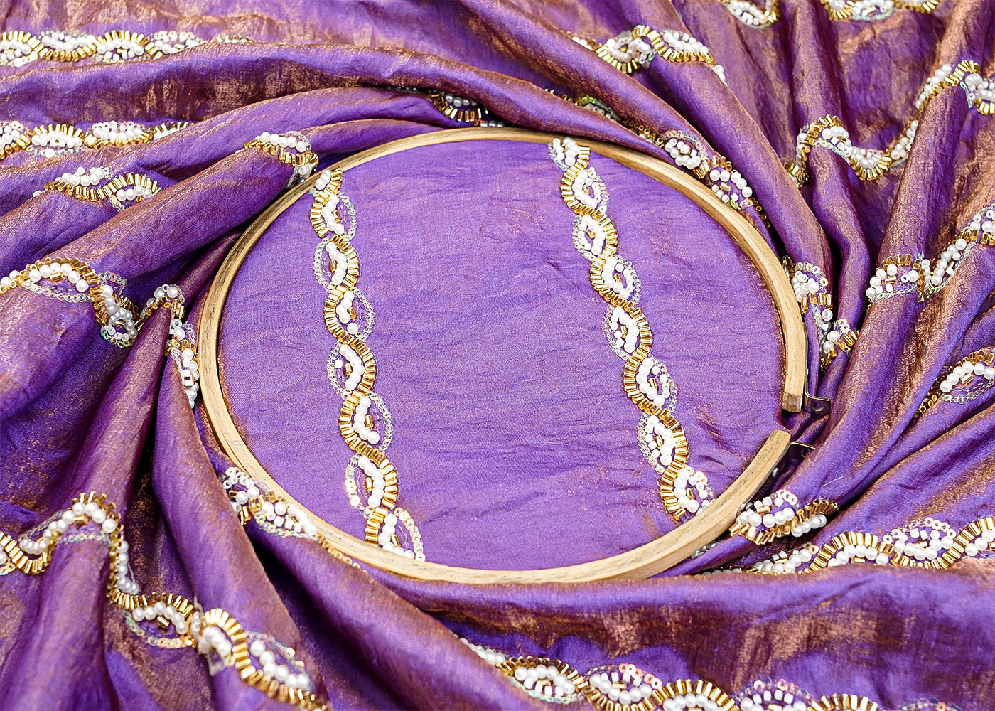 Purple Diamond Silk Tissue Fabric with All Over Pearl, Katdana, and Sequins Stripes 15288