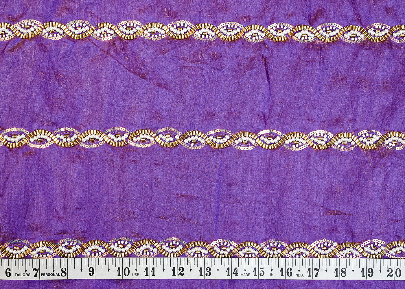 Purple Diamond Silk Tissue Fabric with All Over Pearl, Katdana, and Sequins Stripes 15288