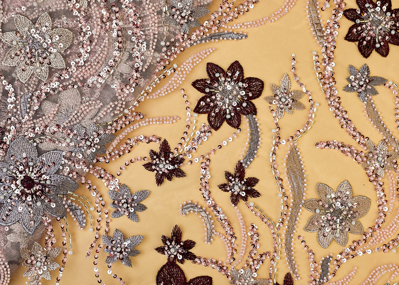 Blush Pink Net Fabric with All Over Thread, Katdana, Bead, and Sequins Work 15301