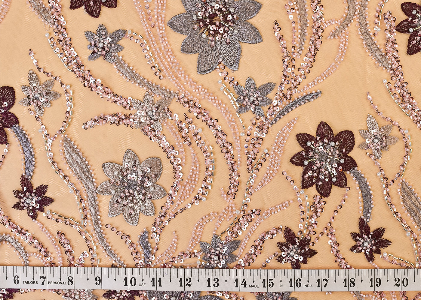 Blush Pink Net Fabric with All Over Thread, Katdana, Bead, and Sequins Work 15301
