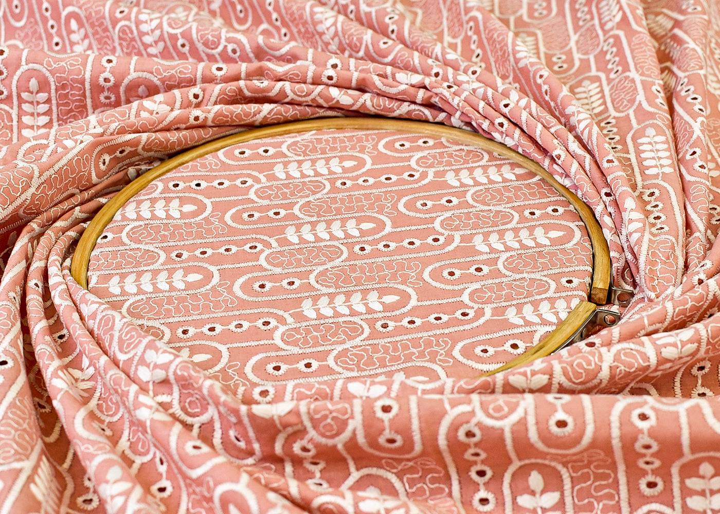Peach Pink Cotton Fabric with All Over Thread Work 15328