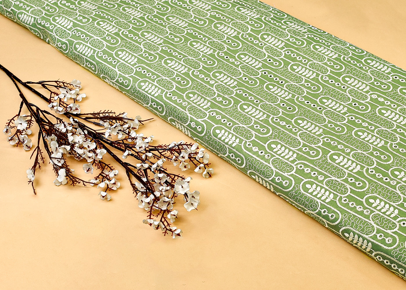 Green Cotton Fabric with All Over Thread Work 15329