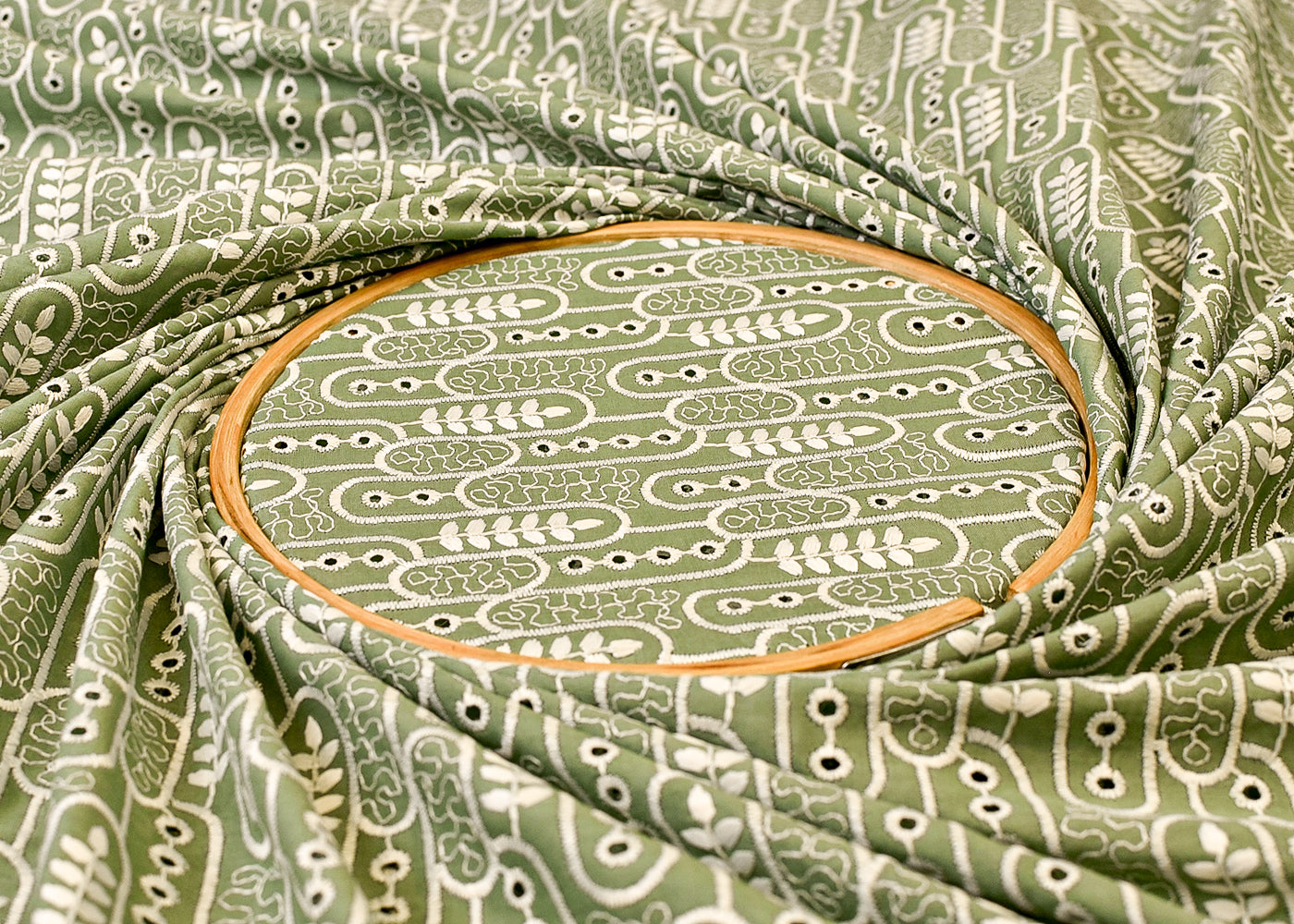 Green Cotton Fabric with All Over Thread Work 15329