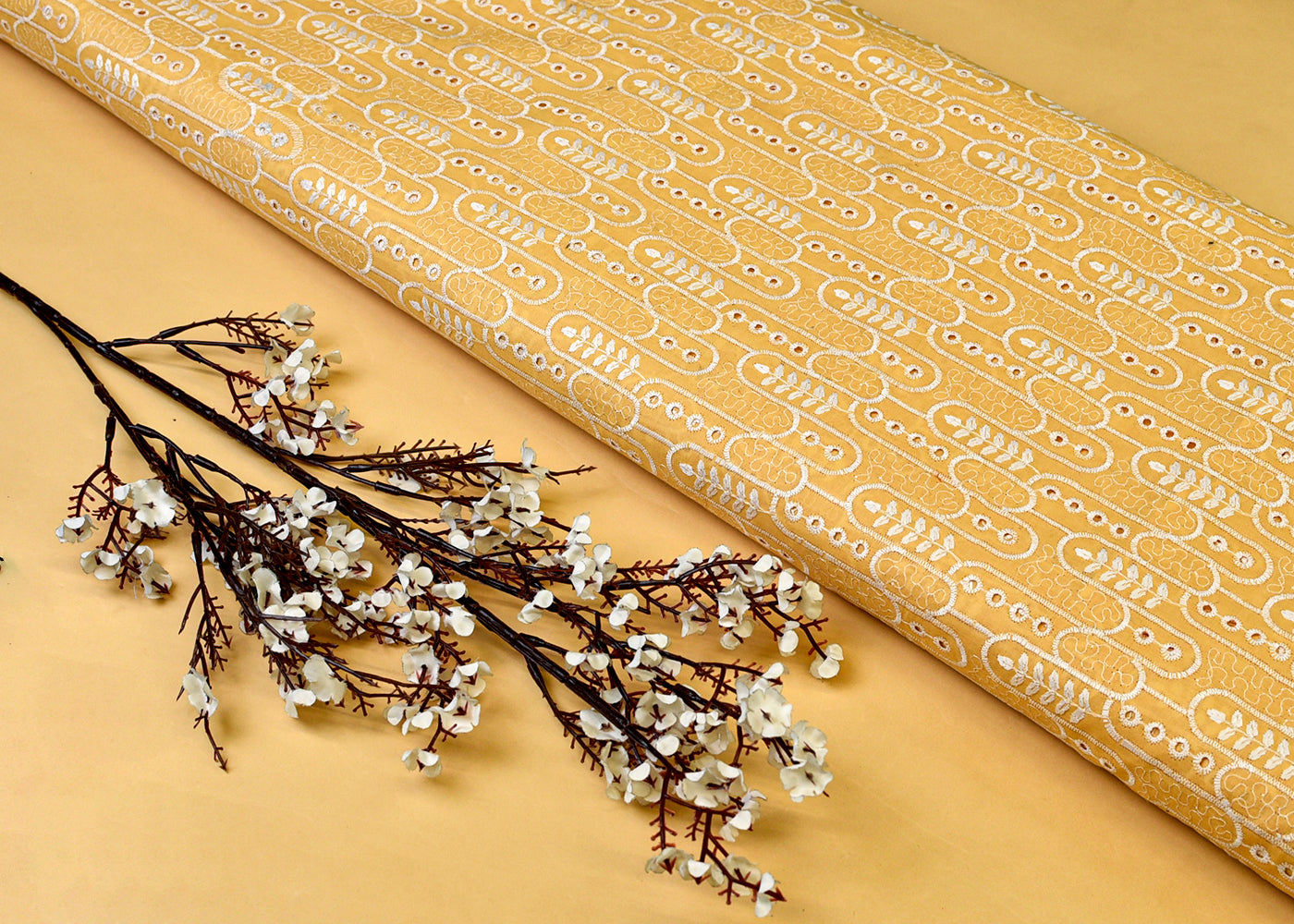 Yellow Cotton Fabric with All Over Thread Work 15331