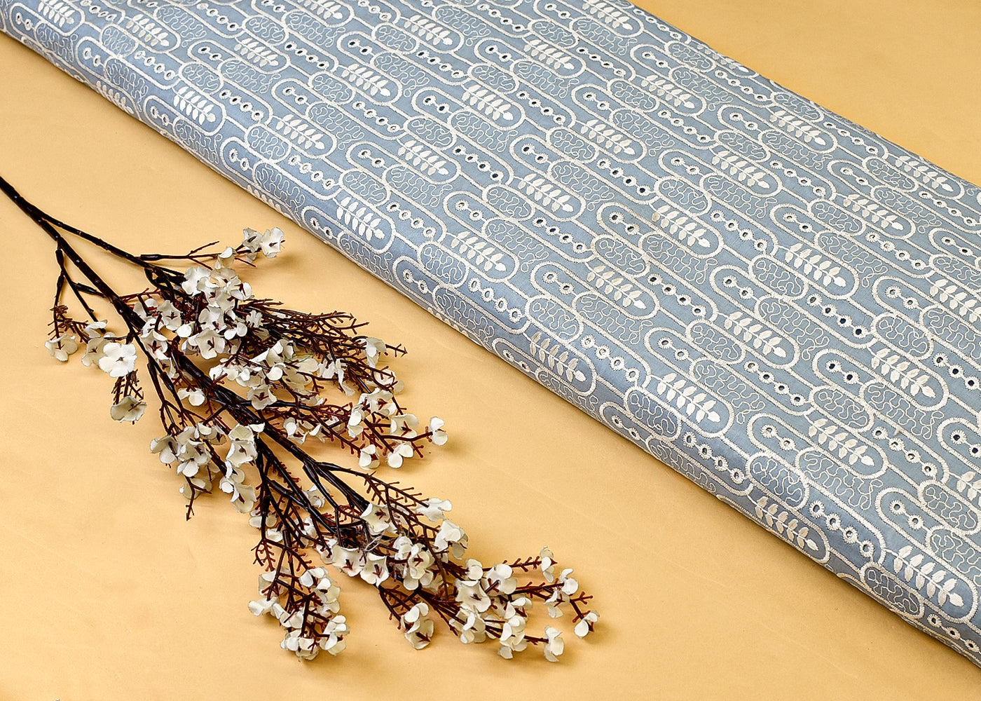 Powder Blue Cotton Fabric with All Over Thread Work 15332