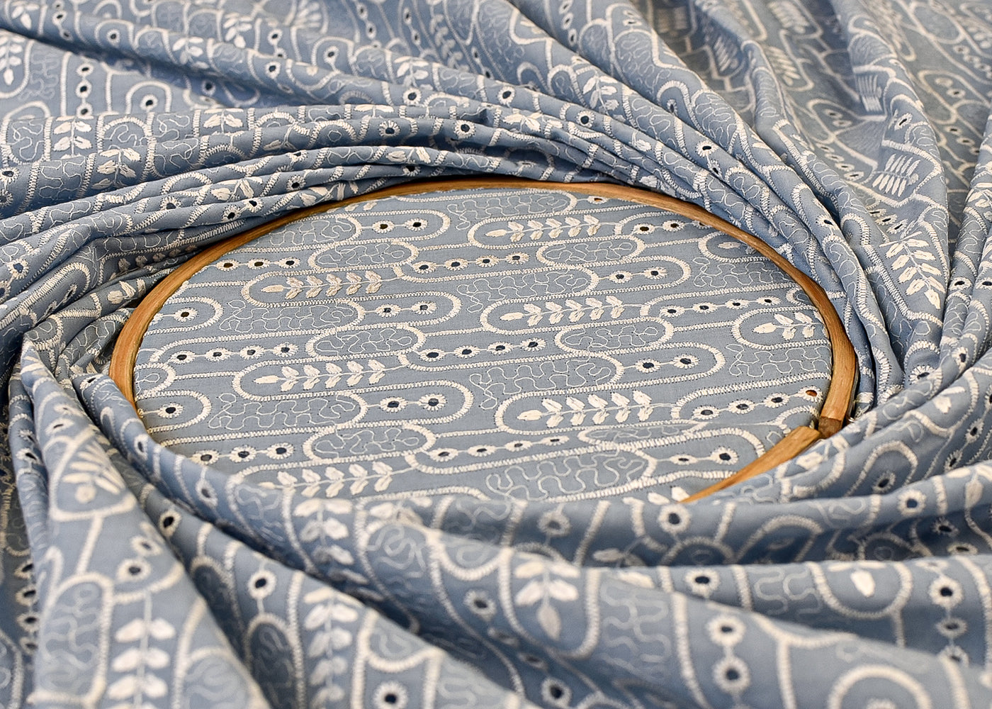 Powder Blue Cotton Fabric with All Over Thread Work 15332