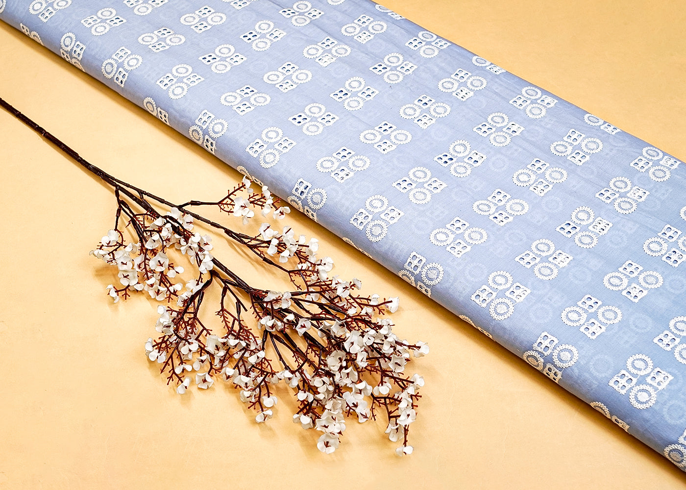 Light Blue Cotton Fabric with All Over Thread Work 15333