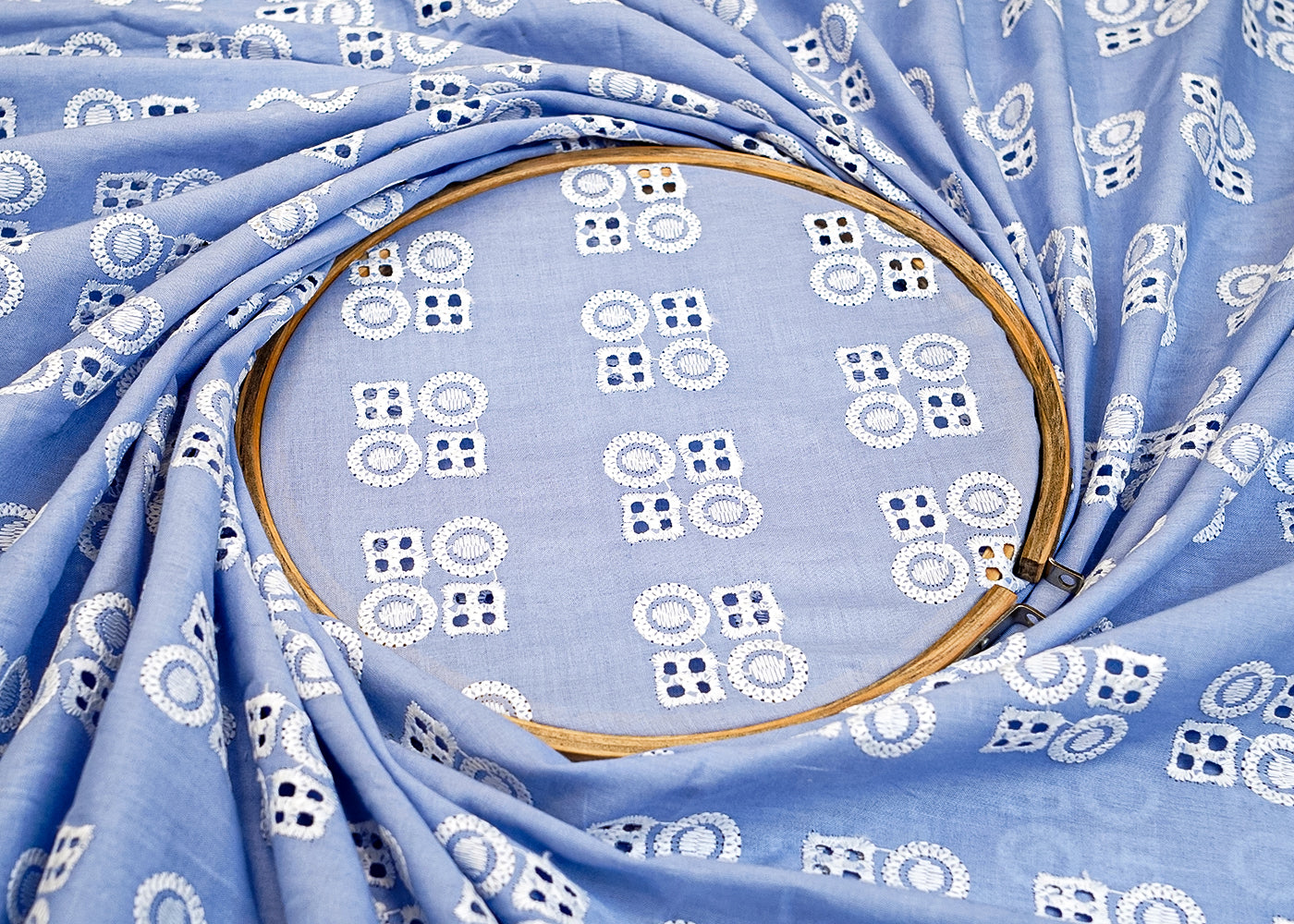 Light Blue Cotton Fabric with All Over Thread Work 15333
