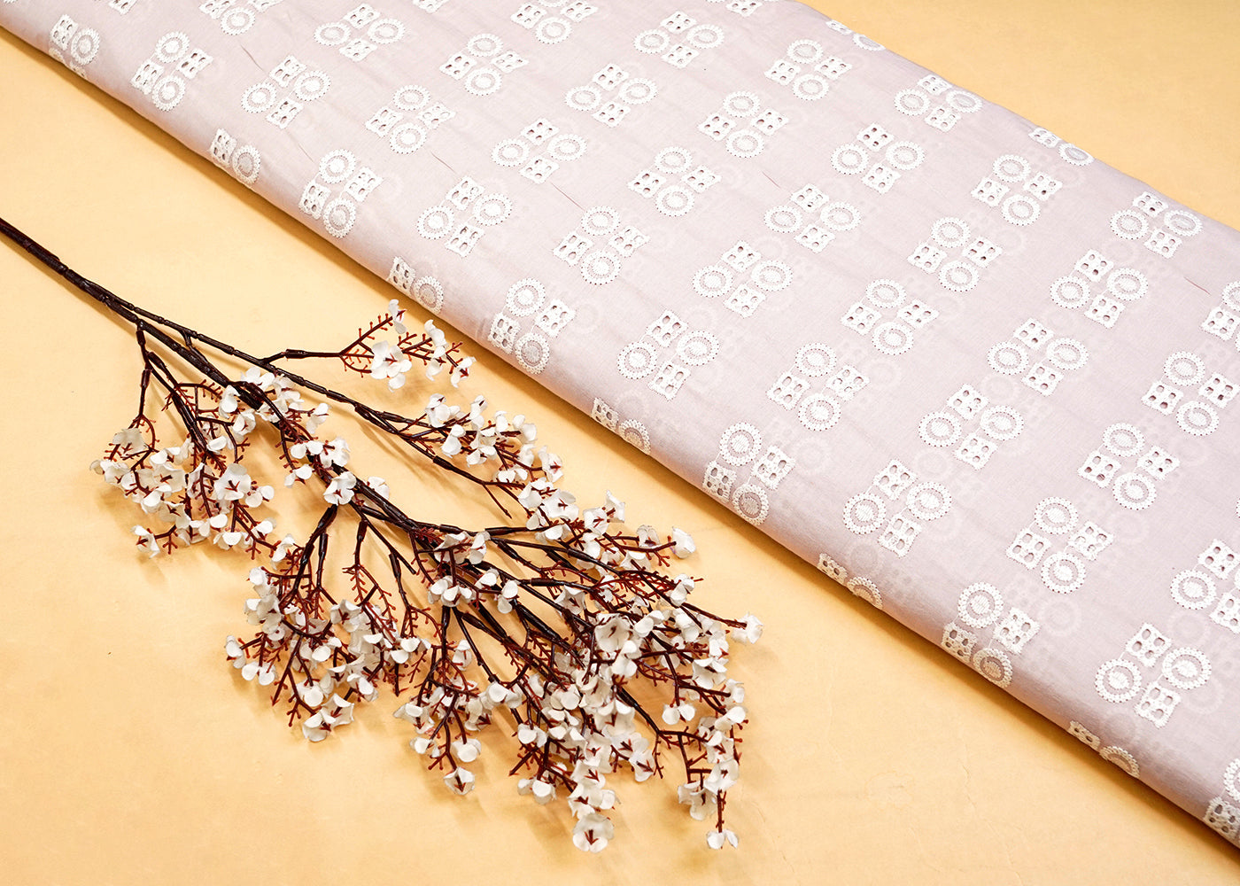 Pastel Pink Cotton Fabric with All Over Thread Work 15334