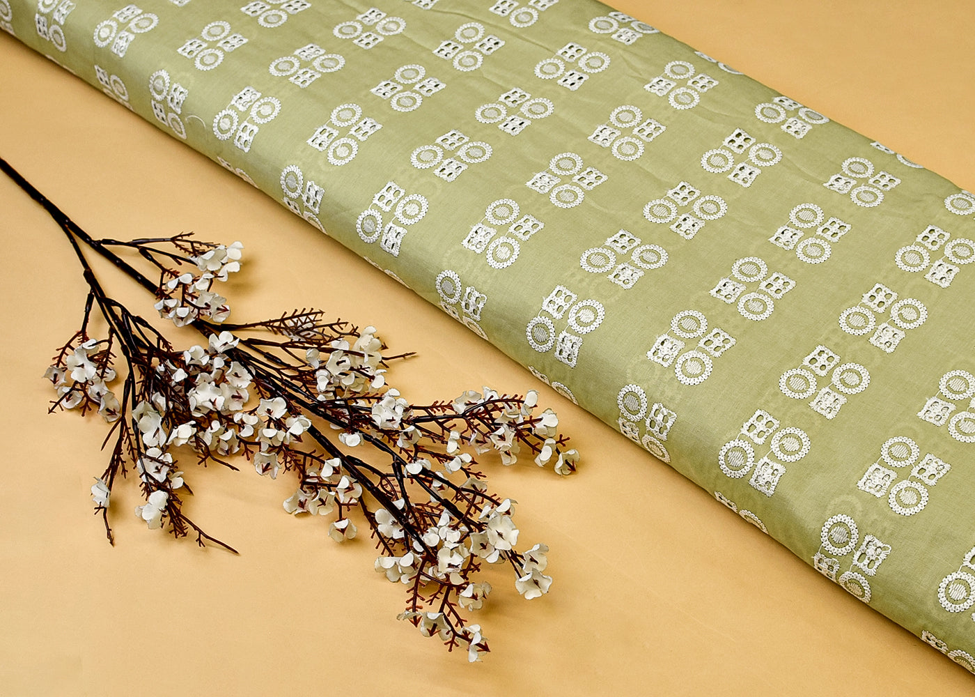 Pista Green Cotton Fabric with All Over Thread Work 15335