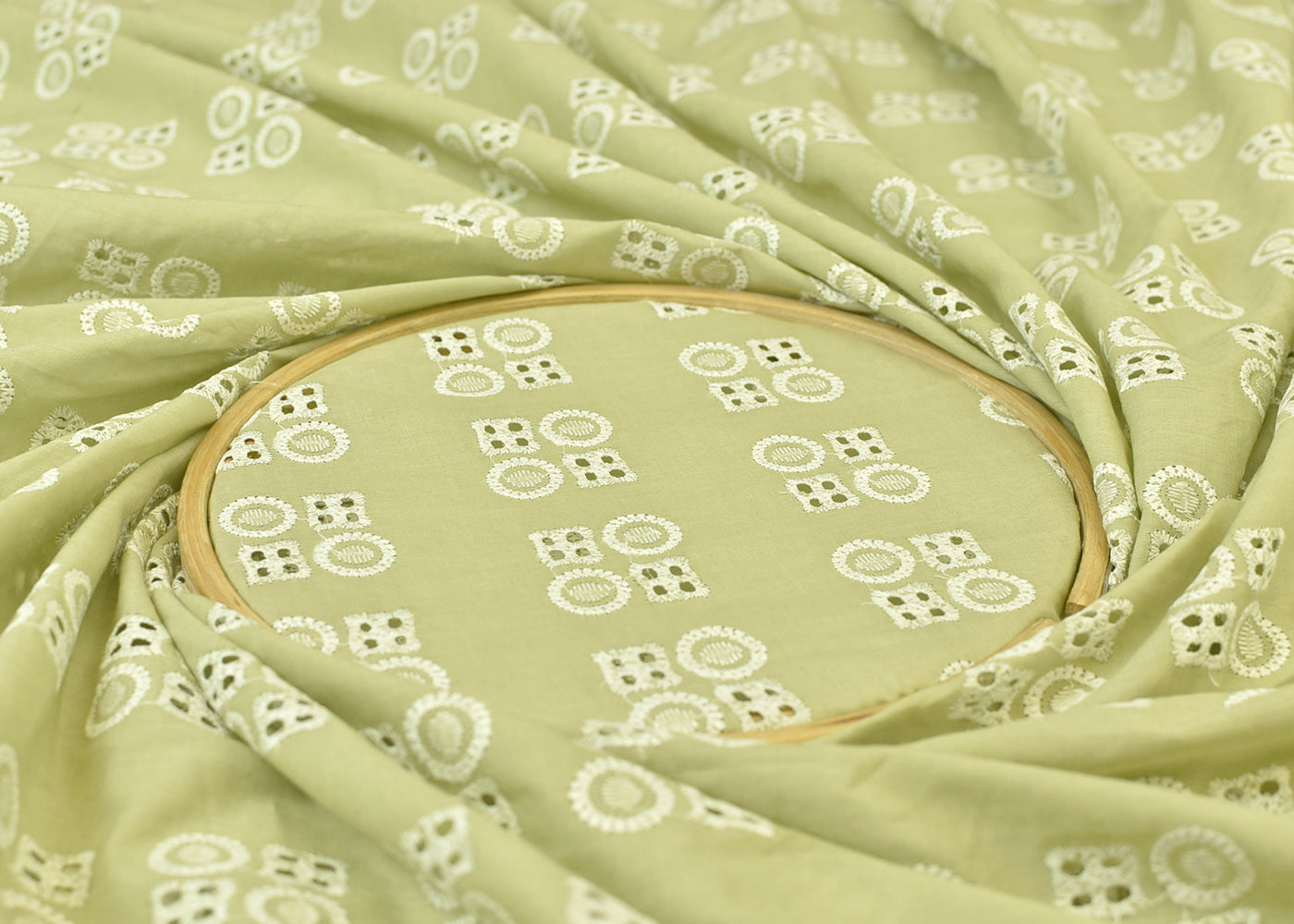 Pista Green Cotton Fabric with All Over Thread Work 15335