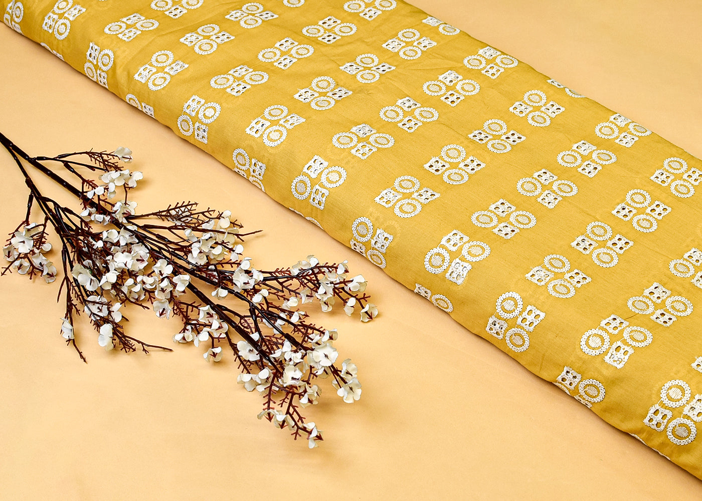 Mustard Cotton Fabric with All Over Thread Work 15336