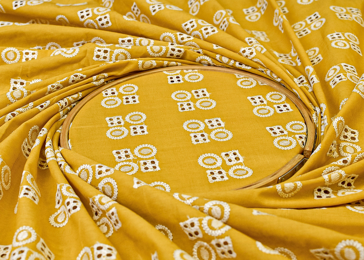 Mustard Cotton Fabric with All Over Thread Work 15336