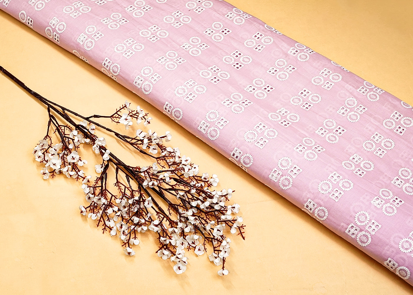 Light Pink Cotton Fabric with All Over Thread Work 15337